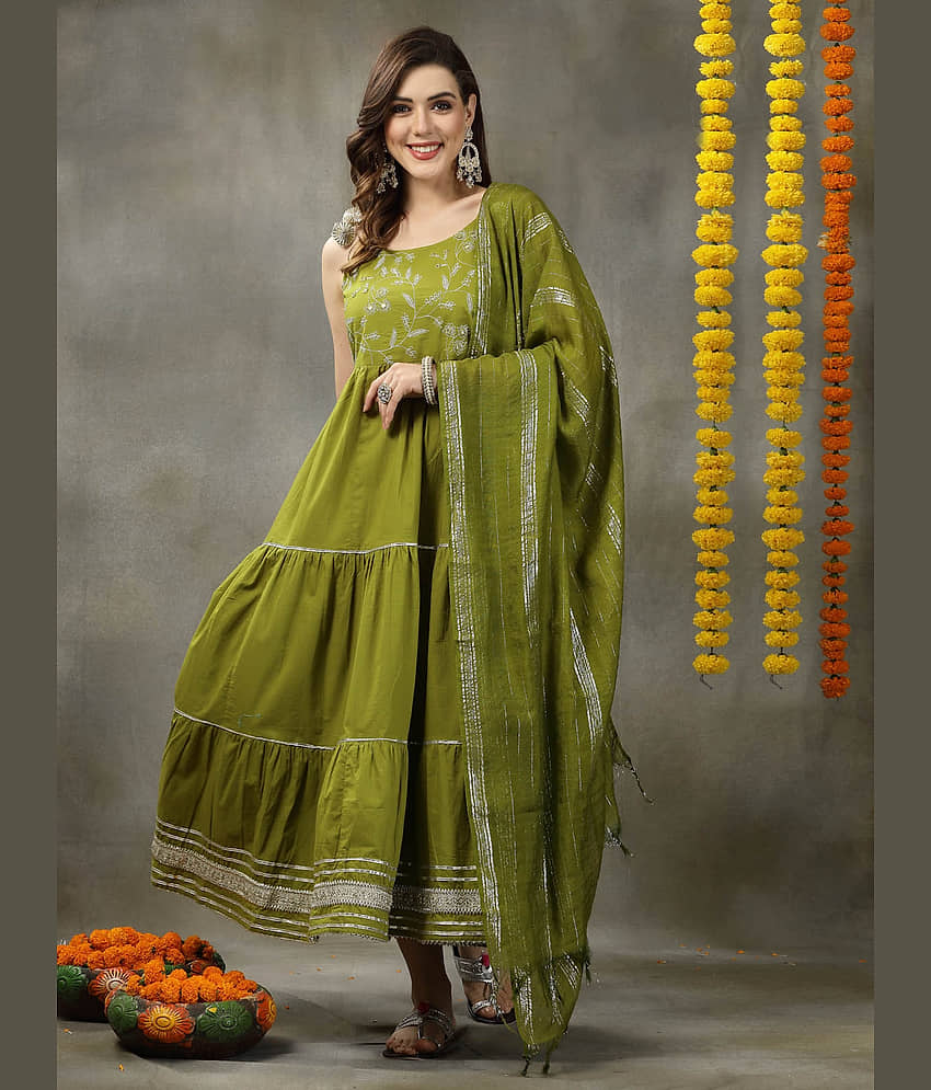 Stylum Cotton Embroidered Tiered Flared Women's Kurti with Dupatta - Green ( Pack of 1 ) - Kurtis, Tunics | Buy online on ZillyBuy