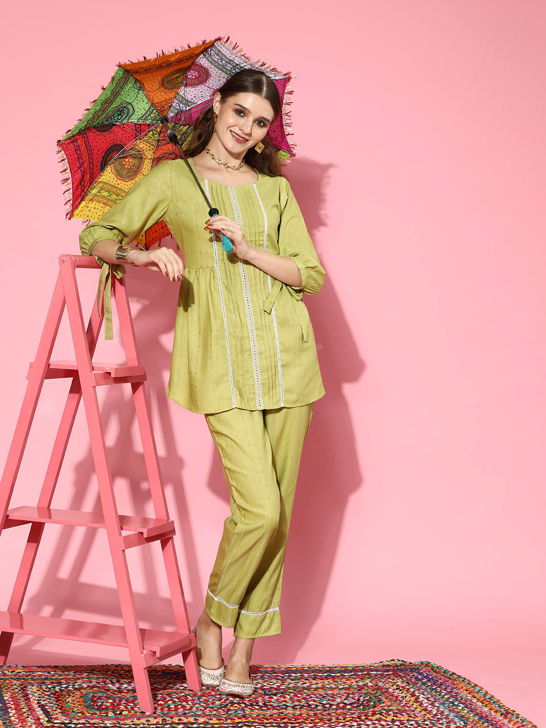     			Stylum Women Self Design Top With Trousers Co-Ord Set ( Lime Green )