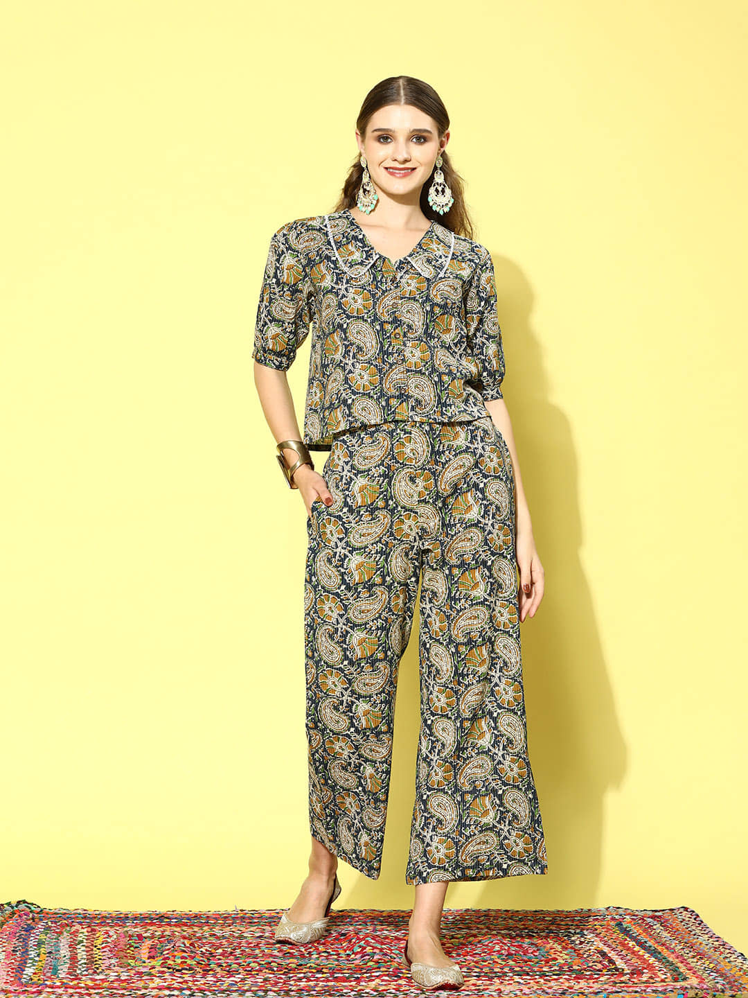 Stylum Women Printed Top With Trousers Co-Ord Set ( Mustard )