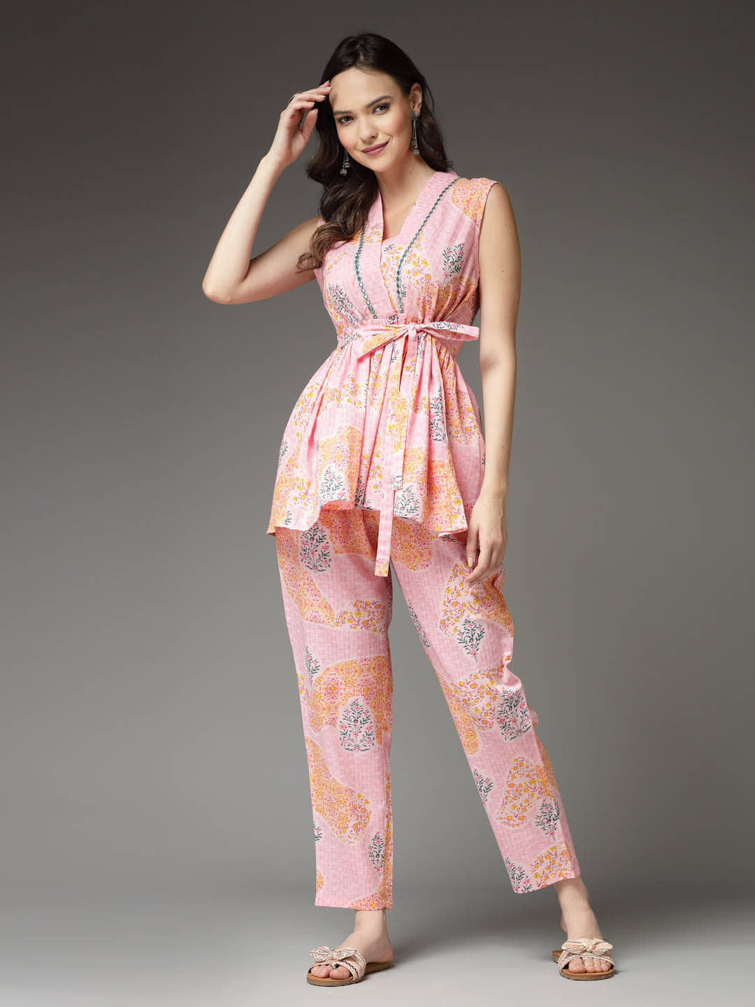 Stylum Women Printed Top With Trousers Co-Ord Set ( Pink )