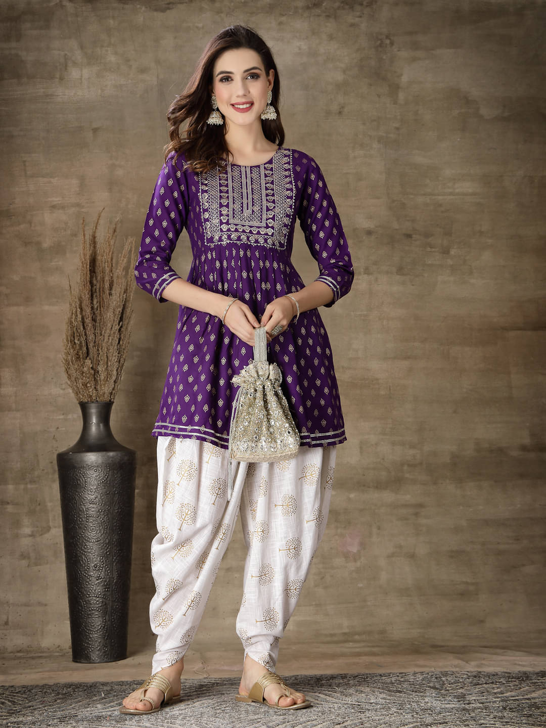 Stylum Rayon Embellished Kurti With Dhoti Pants Women's Stitched Salwar Suit - Violet ( Pack of 1 ) Stylum Rayon Embellished Kurti With Dhoti Pants Women's Stitched Salwar Suit - Violet ( Pack of 1 )