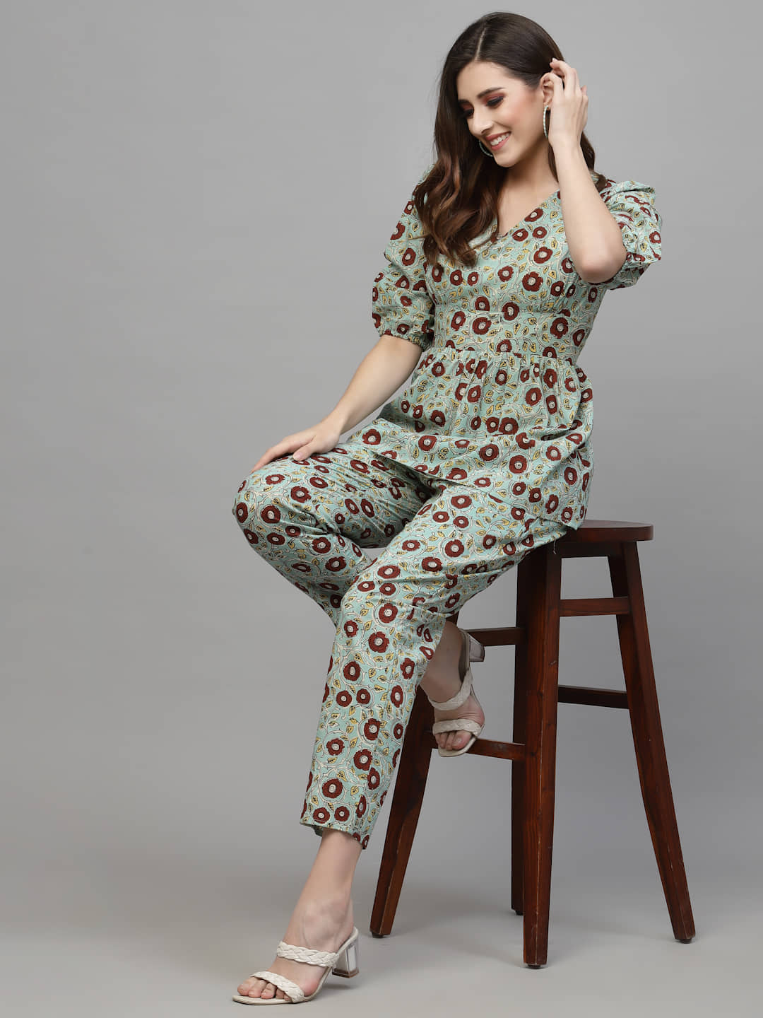 Stylum Women Printed Top With Trousers Co-Ord Set ( Turquoise )
