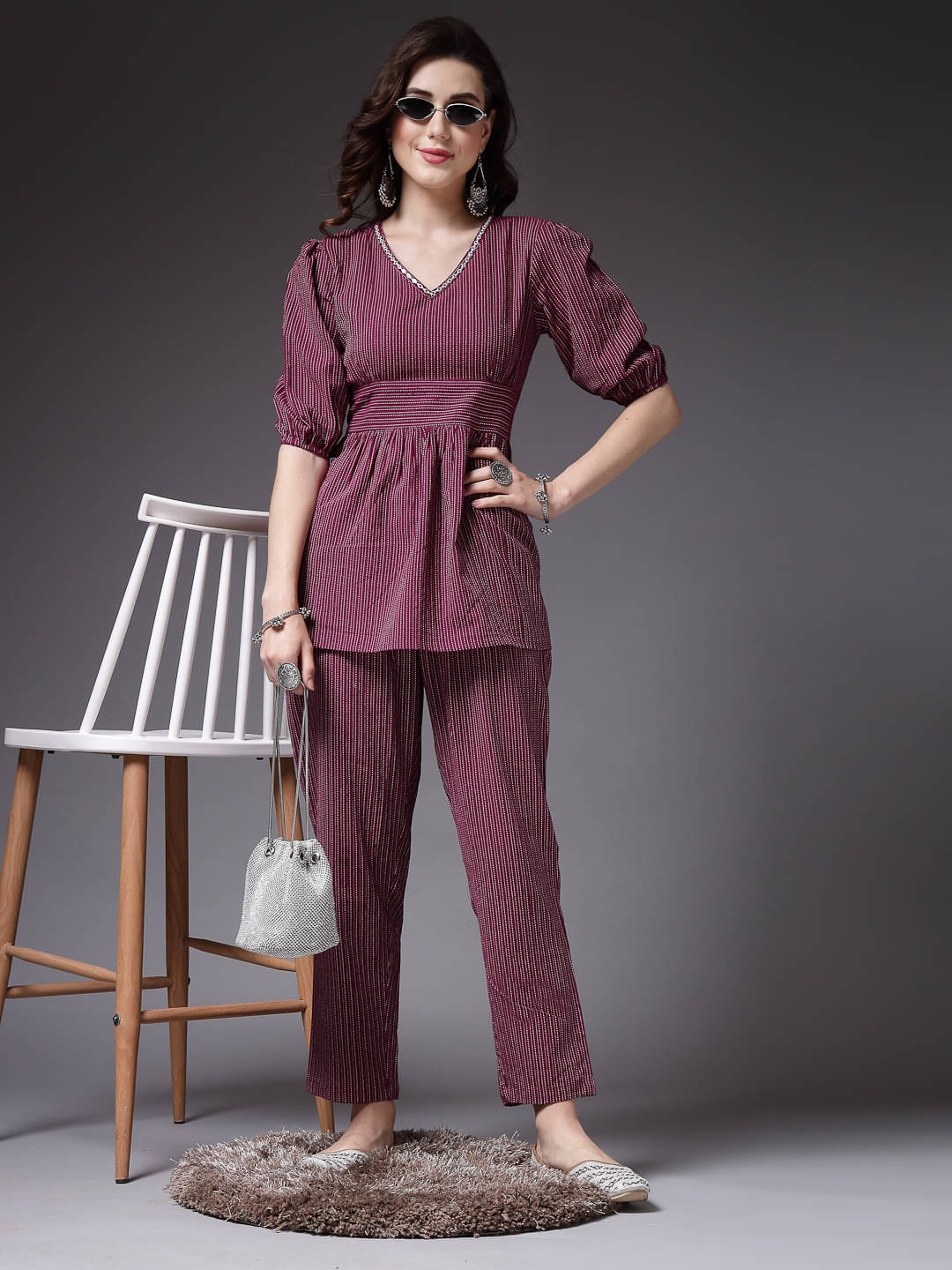     			Stylum Women Self Design Top With Trousers Co-Ord Set ( Wine )