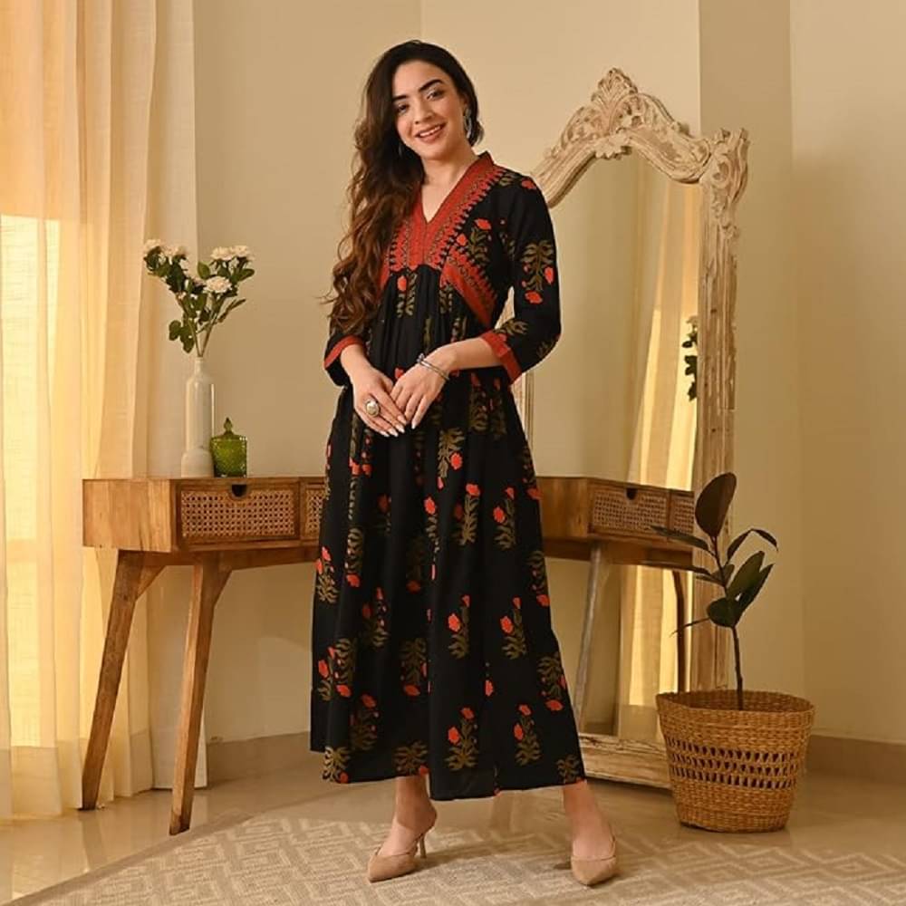 Gobya Rayon Printed Anarkali Women's Kurti - Black ( Pack of 1 ) Gobya Rayon Printed Anarkali Women's Kurti - Black ( Pack of 1 )