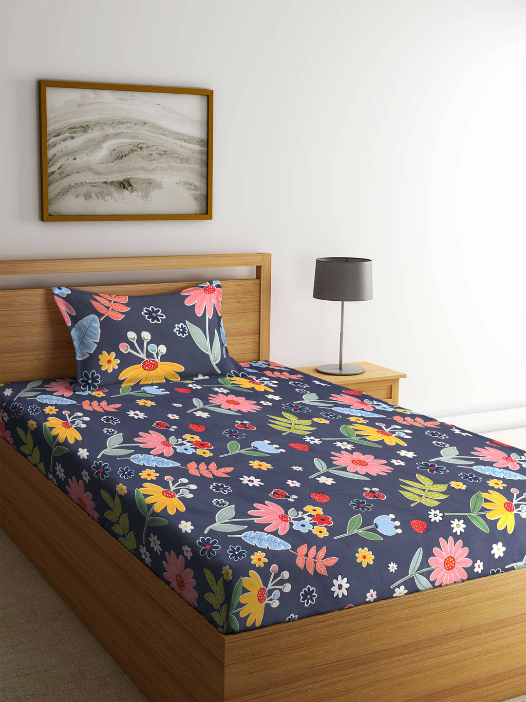 Klotthe Poly Cotton Nature 1 Single Bedsheet with 1 Pillow Cover - Navy Blue Klotthe Poly Cotton Nature 1 Single Bedsheet with 1 Pillow Cover - Navy Blue