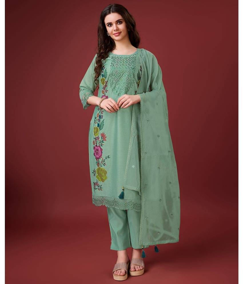 MOJILAA Chanderi Embroidered Kurti With Pants Women's Stitched Salwar Suit - Green ( Pack of 1 ) MOJILAA Chanderi Embroidered Kurti With Pants Women's Stitched Salwar Suit - Green ( Pack of 1 )