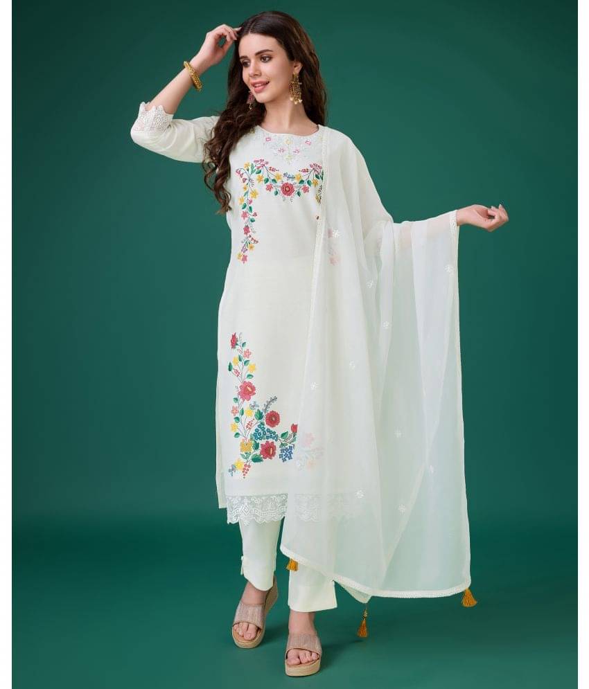 MOJILAA Chanderi Embroidered Kurti With Pants Women's Stitched Salwar Suit - Cream ( Pack of 1 )     			MOJILAA Chanderi Embroidered Kurti With Pants Women's Stitched Salwar Suit - Cream ( Pack of 1 )
