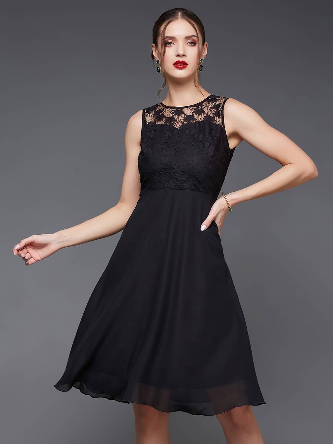 Miss Chase Women Georgette Self Design A-line Dress ( Black ) Miss Chase Women Georgette Self Design A-line Dress ( Black )