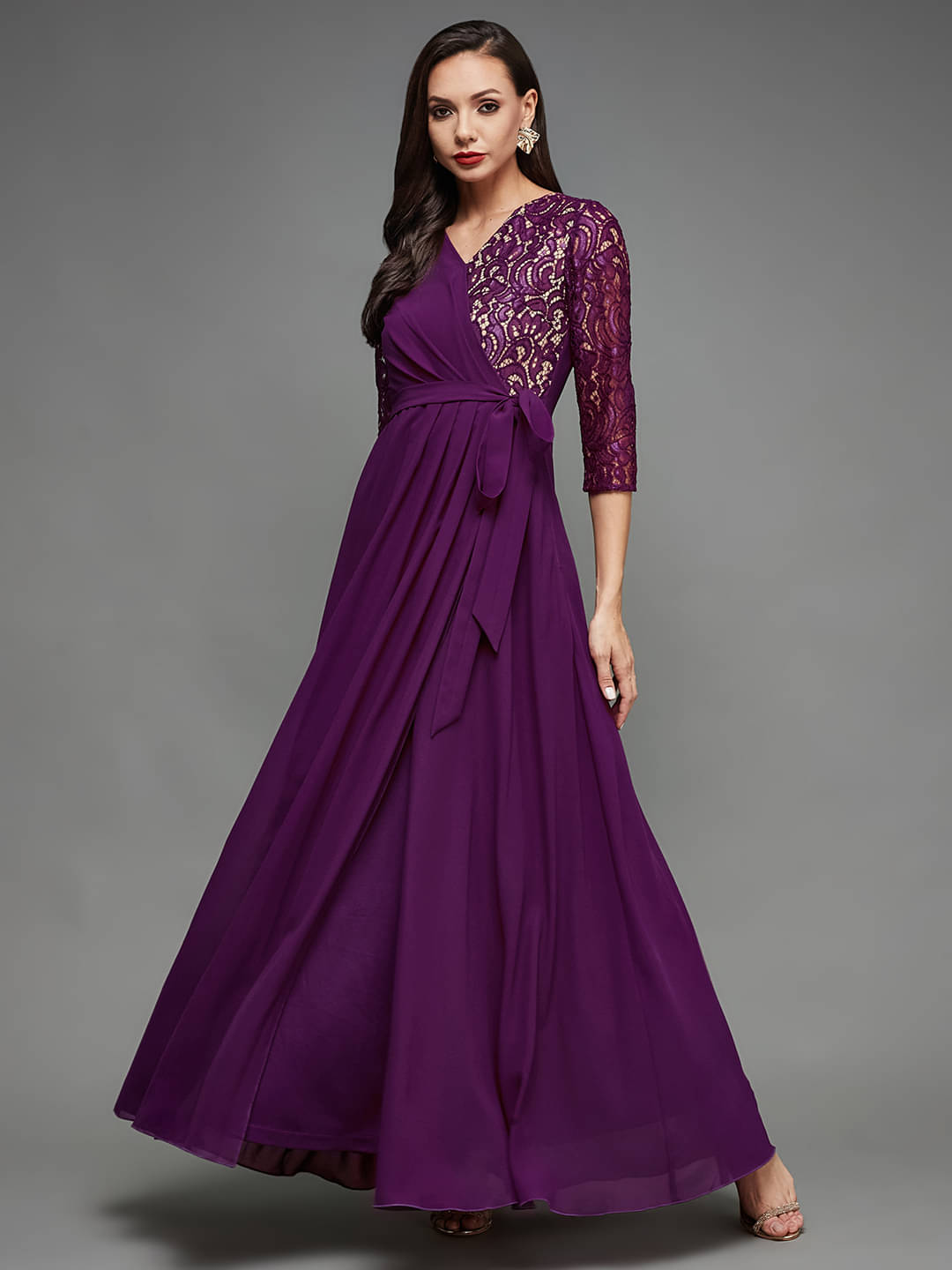 Miss Chase Women Georgette Self Design Wrap Dress ( Purple ) Miss Chase Women Georgette Self Design Wrap Dress ( Purple )