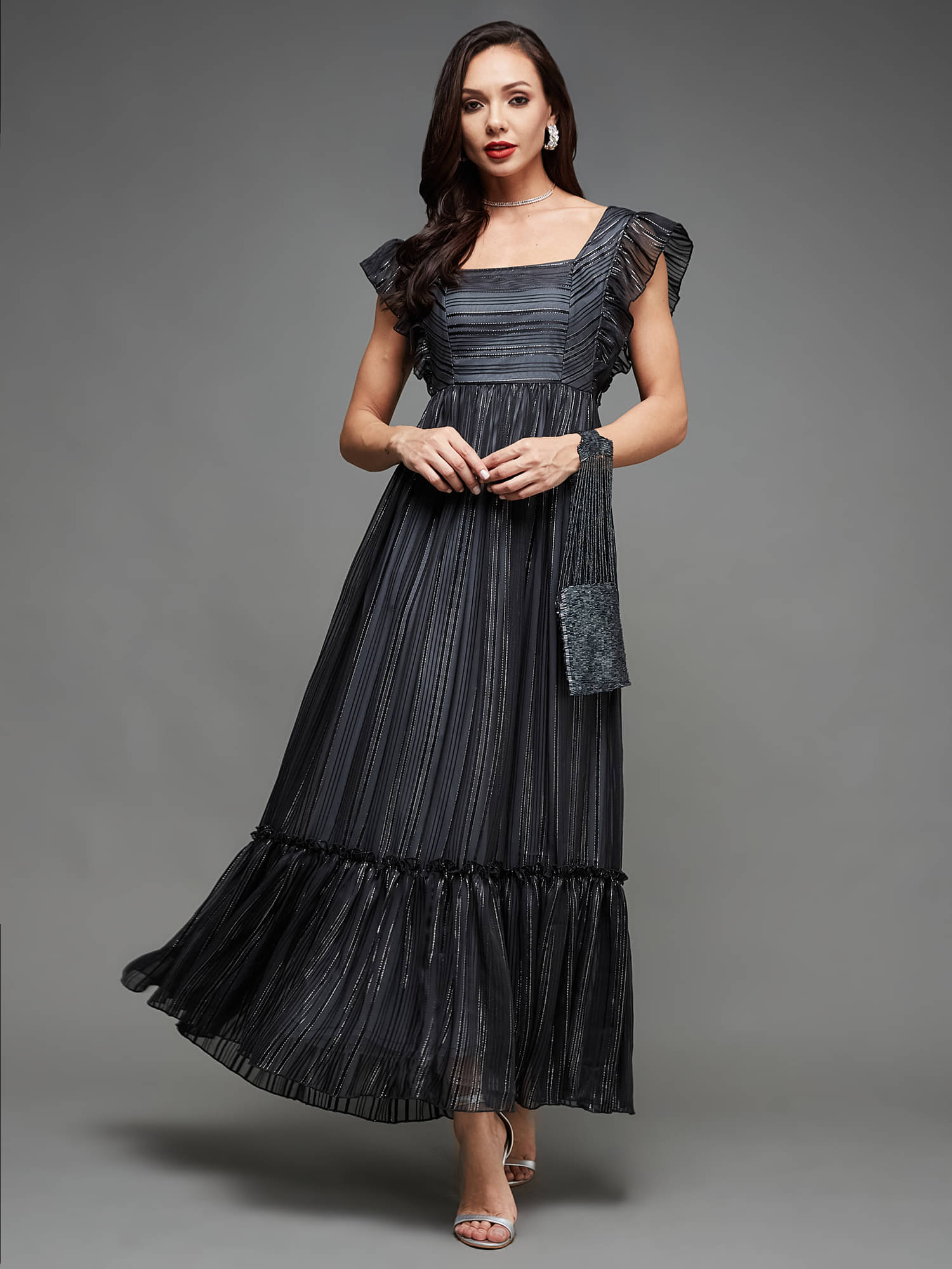 Miss Chase Georgette Striped Full Length Women's Fit & Flare Dress - Black ( Pack of 1 ) Miss Chase Georgette Striped Full Length Women's Fit & Flare Dress - Black ( Pack of 1 )
