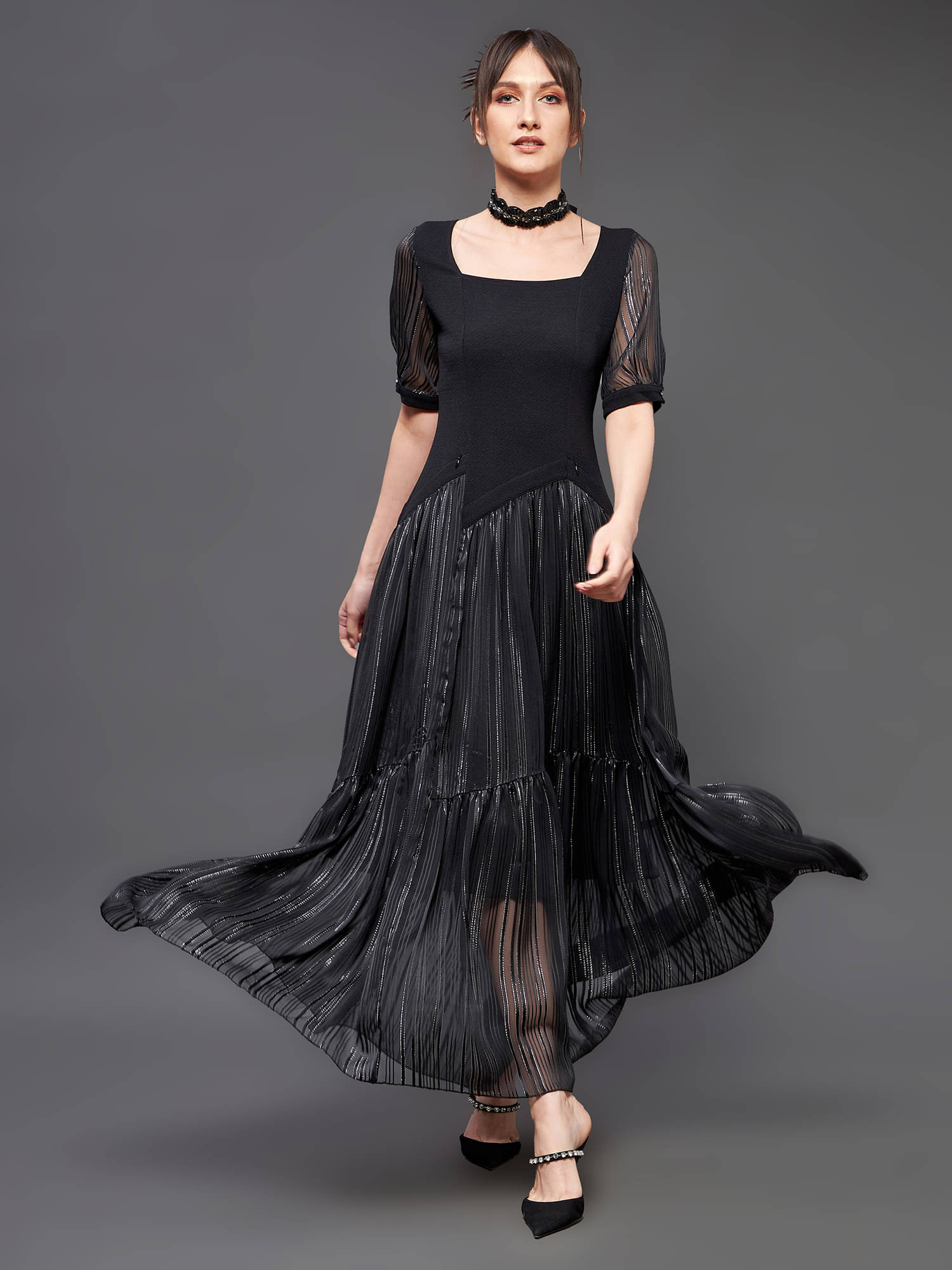     			Miss Chase Women Polyester Embellished Fit & Flare Dress ( Black )
