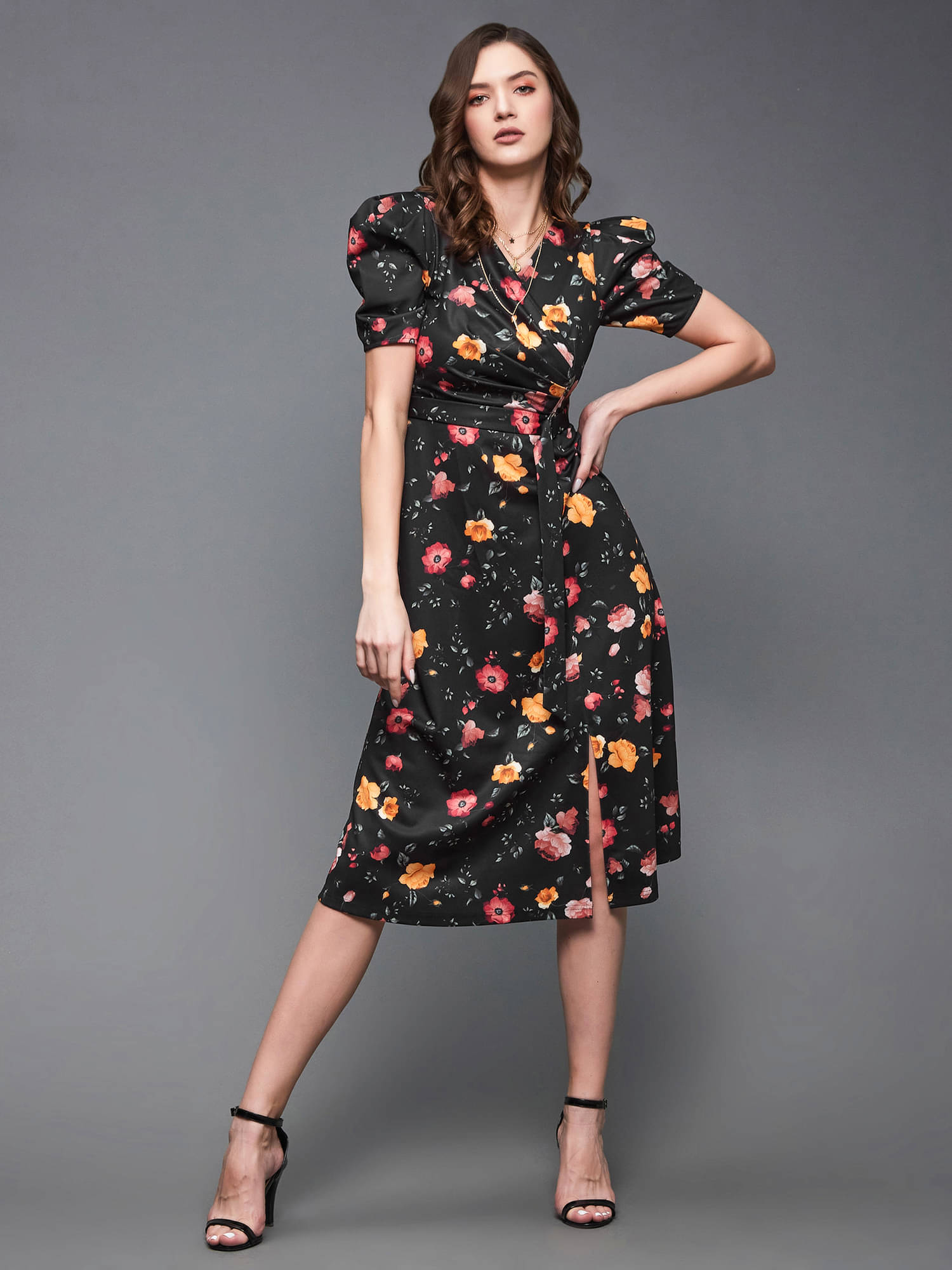     			Miss Chase Women Polyester Printed Wrap Dress ( Black )