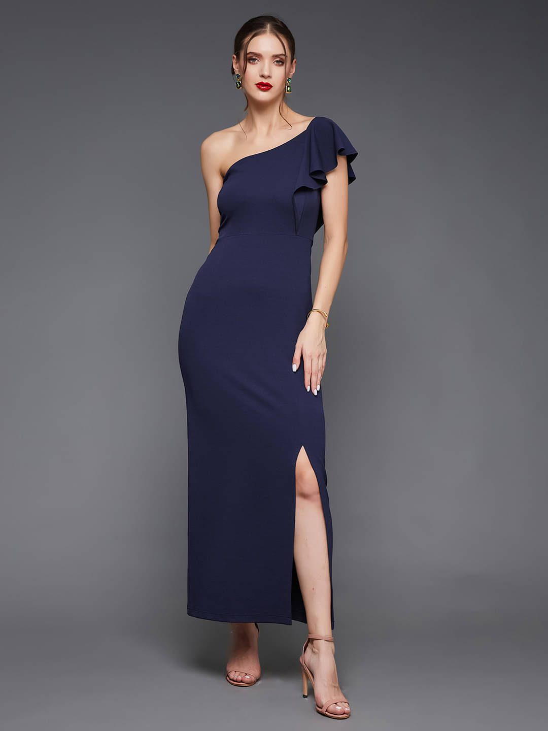     			Miss Chase Women Polyester Solid Side Slit Dress ( Navy Blue )
