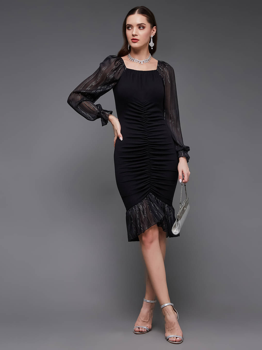     			Miss Chase Polyester Striped Knee Length Women's Bodycon Dress - Black ( Pack of 1 )