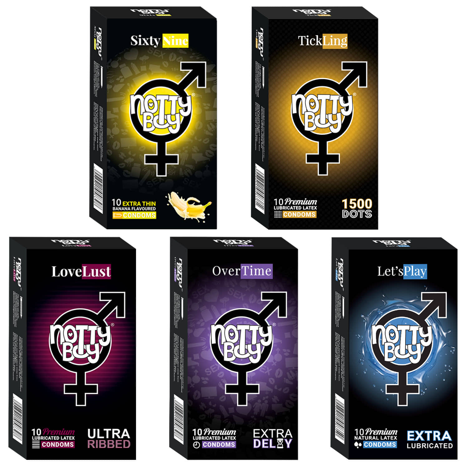 NottyBoy 1500 Dots, Long Lasting, Banana, Ultra Ribbed, Extra Lube Condoms - 50 Units