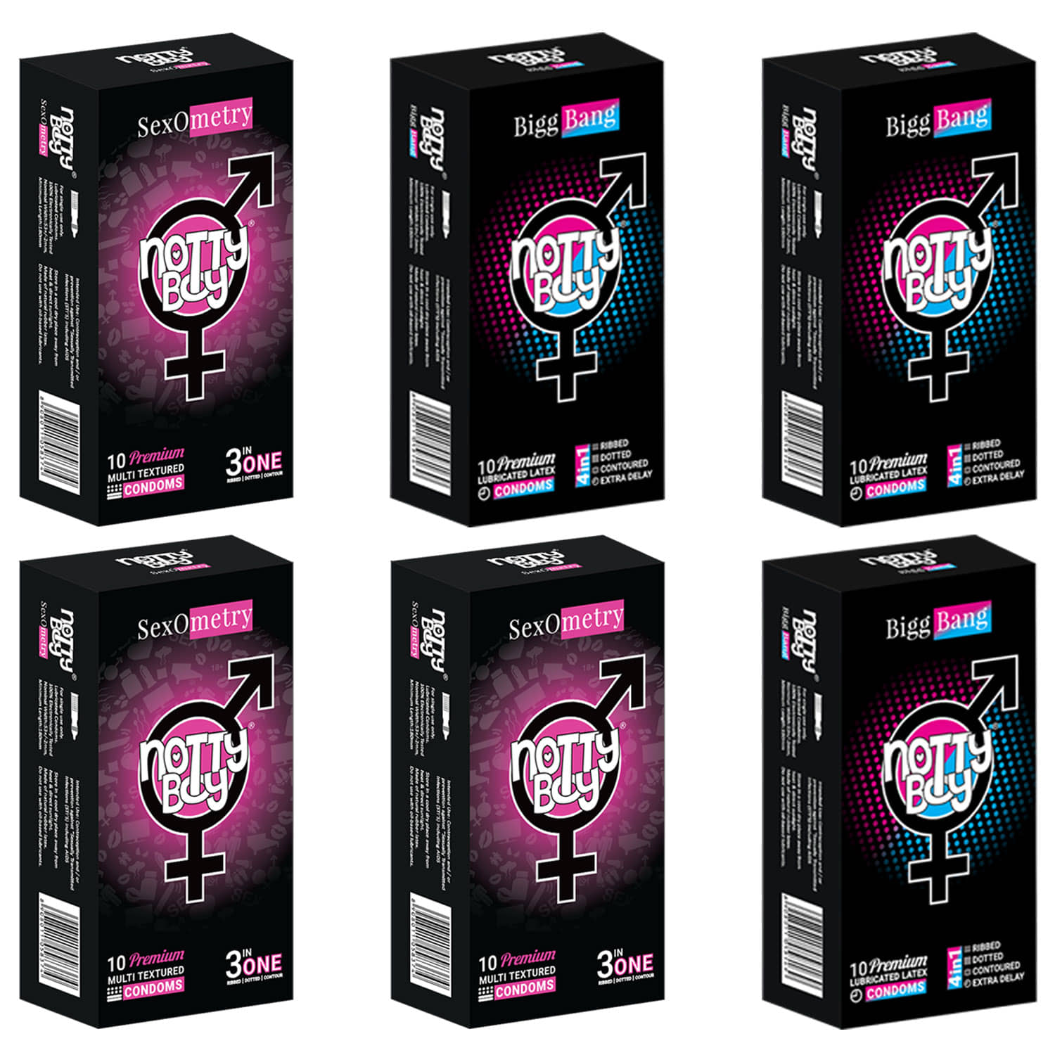 NottyBoy 3 IN 1 & 4 IN 1, Dotted, Ribbed, Long Lasting, Contour Condoms For Men - 60 Units