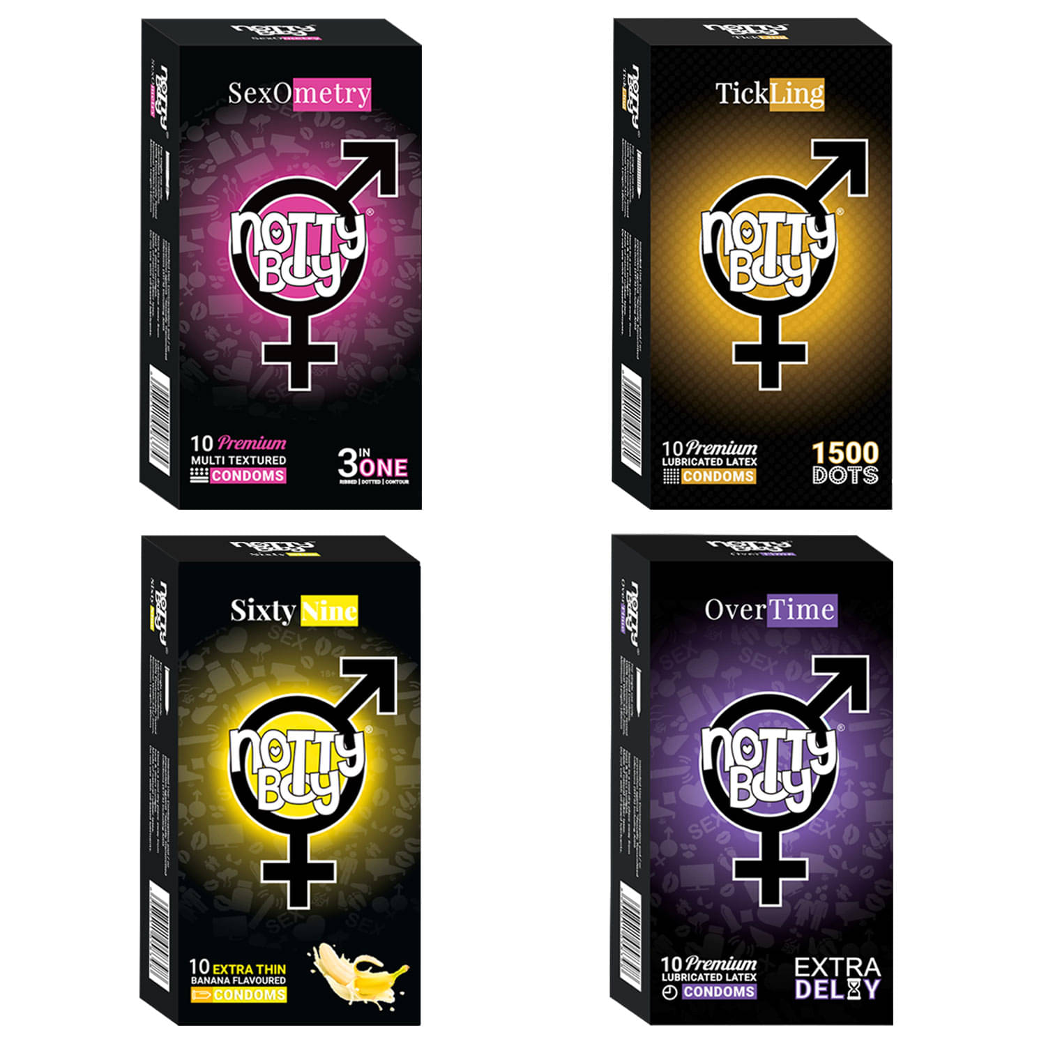 NottyBoy 3 IN 1, Long Lasting, 1500 Extra Dots and Banana Flavour Condoms - 40 Units NottyBoy 3 IN 1, Long Lasting, 1500 Extra Dots and Banana Flavour Condoms - 40 Units