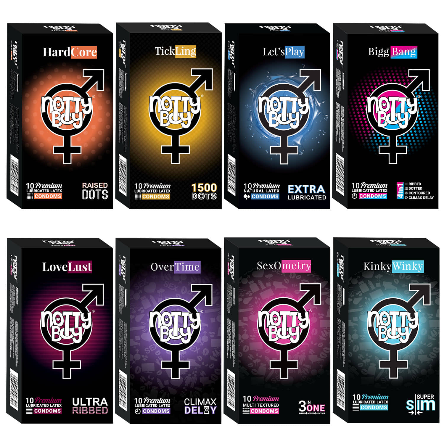 NottyBoy 3IN1 & 4IN1, 1500 Big Dots, Ultra Ribbed, Long Lasting, Extra Thin, Contoured, More Lubricated Smooth Condoms- 80 Units