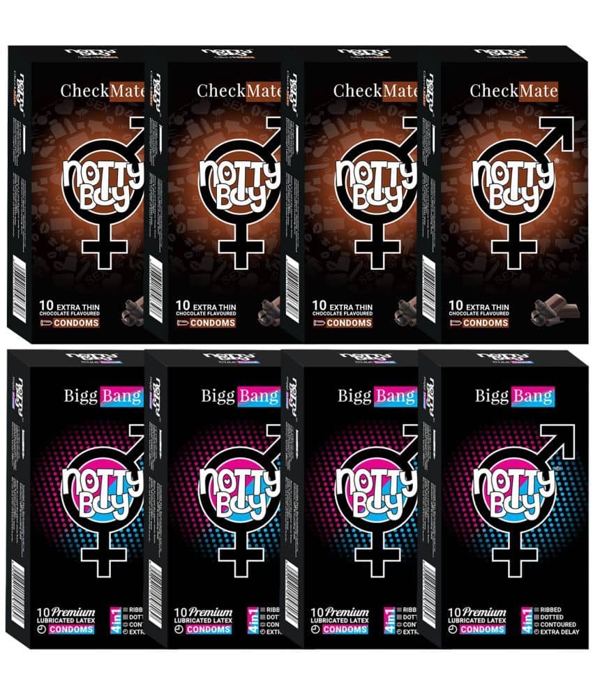 NottyBoy 4 IN 1, Dotted, Ribbed, Extra Time, Ultra Thin Chocolate Flavoured Condoms - 80 Units