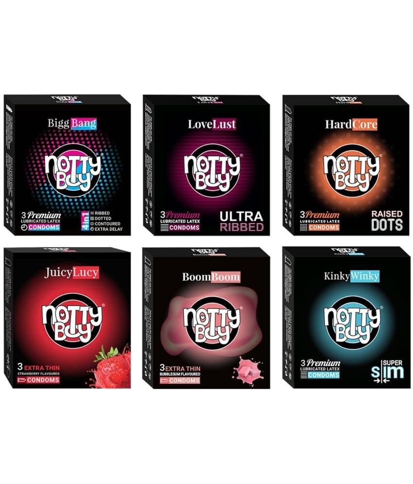 NottyBoy 4in1 Dotted Ribbed Contoured OverTime, Ultra Ribbed, Raised Dots, Extra Thin, Bubblegum and Strawberry Flavoured Condom- (Set of 6,18 Sheets) NottyBoy 4in1 Dotted Ribbed Contoured OverTime, Ultra Ribbed, Raised Dots, Extra Thin, Bubblegum and Strawberry Flavoured Condom- (Set of 6,18 Sheets)