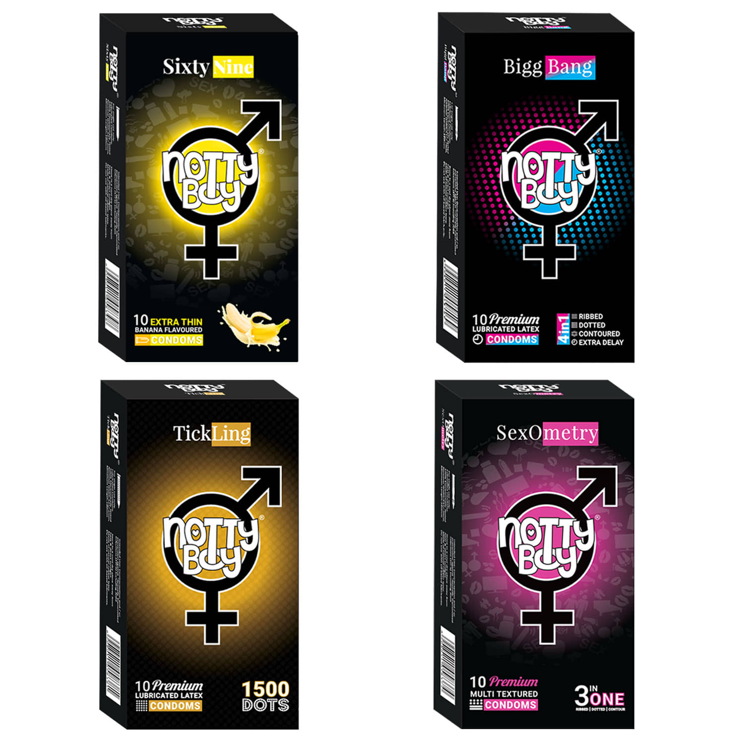 NottyBoy Assorted Pack 4 IN 1 & 3 IN 1, 1500 Extra Dots, Long Time, Contour, Ribbed, Thin, Banana Flavour Condom - 40 Units