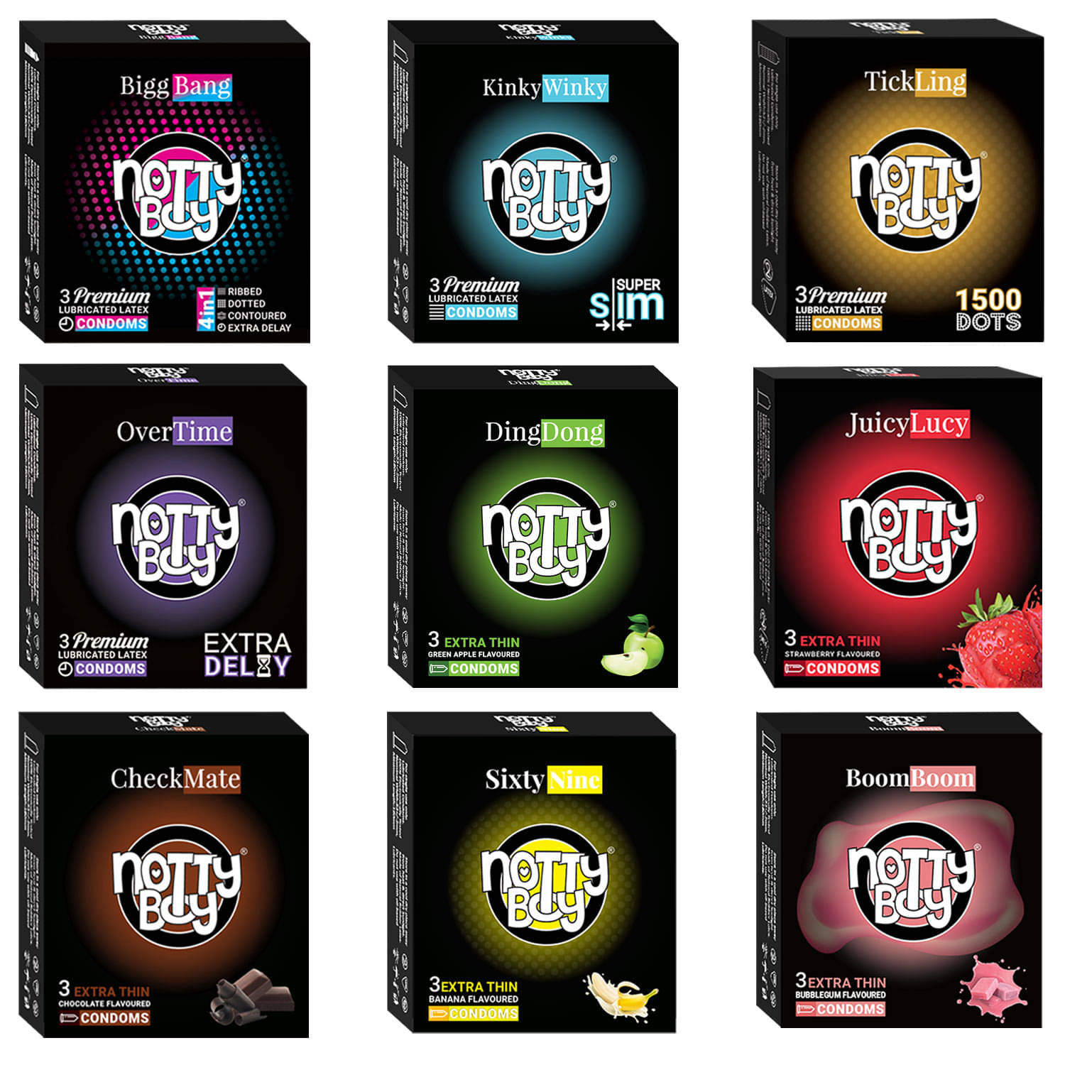 NottyBoy Banana, Chocolate, Strawberry, Bubblegum Flavour, 4IN1, 1500 Dots, Ribbed, Extra Time, Contoured & Ultra Thin Condoms- 27 Units NottyBoy Banana, Chocolate, Strawberry, Bubblegum Flavour, 4IN1, 1500 Dots, Ribbed, Extra Time, Contoured & Ultra Thin Condoms- 27 Units