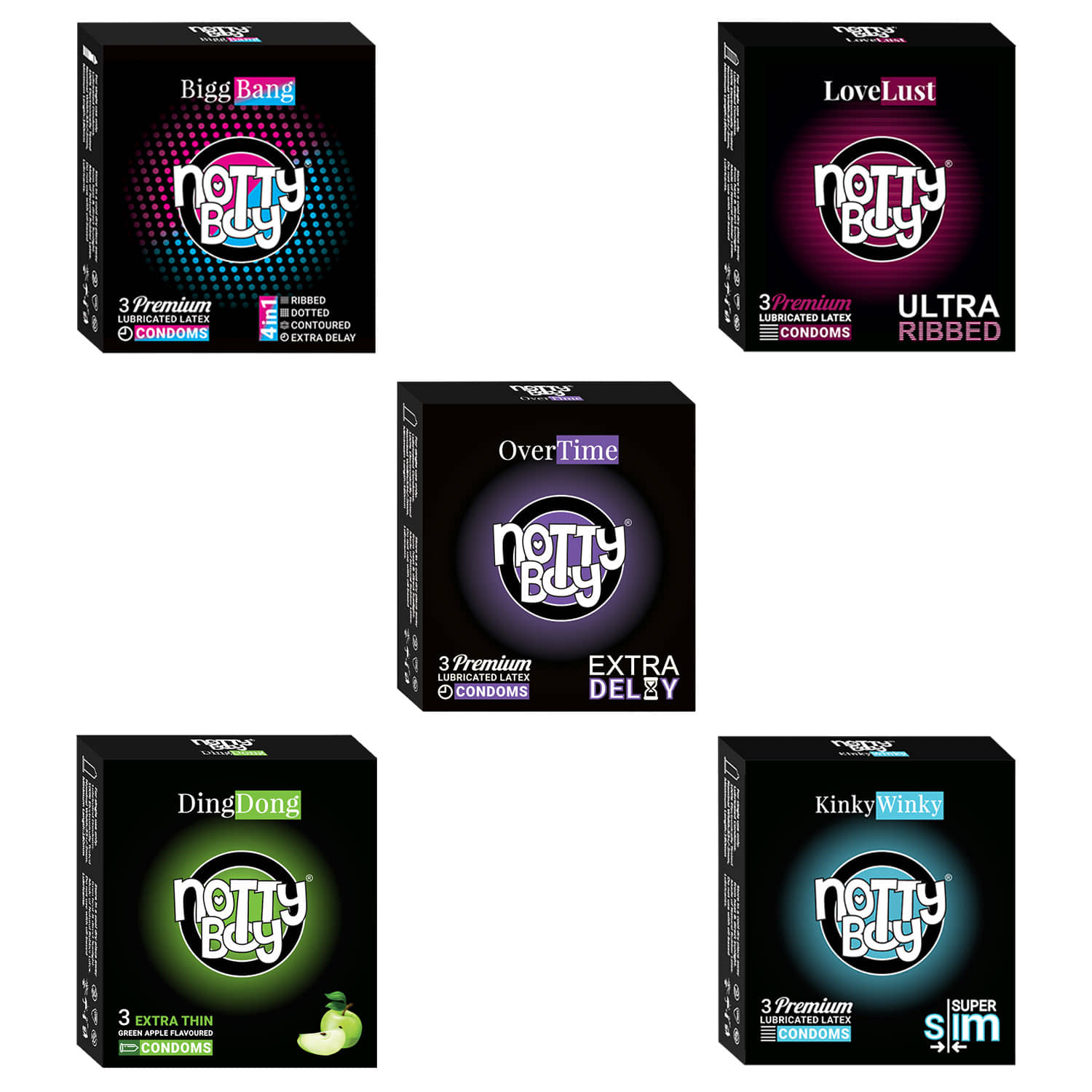 NottyBoy BiggBang 4in1 Dots Ribs Over Time, Ultra Ribbed, Extra Delay Extra Thin, Fruit Flavoured Condoms - (Sets of 5, 15Sheets)