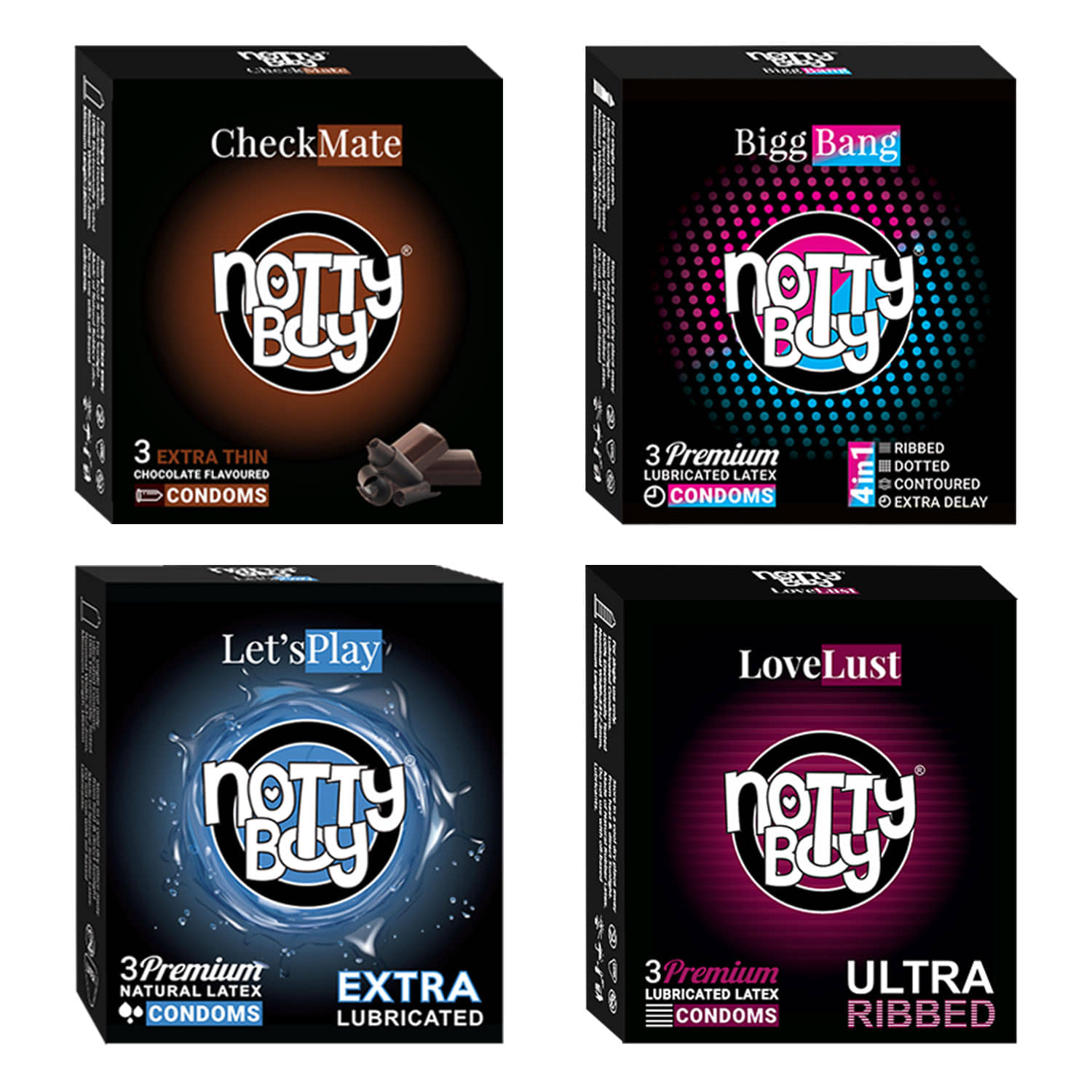 NottyBoy BiggBang 4in1 Ribs Dots Contour Over Time, Ultra Ribbed, Extra Lubricated and Chocolate Flavoured Condoms - (Set of 4, 12 Sheets)