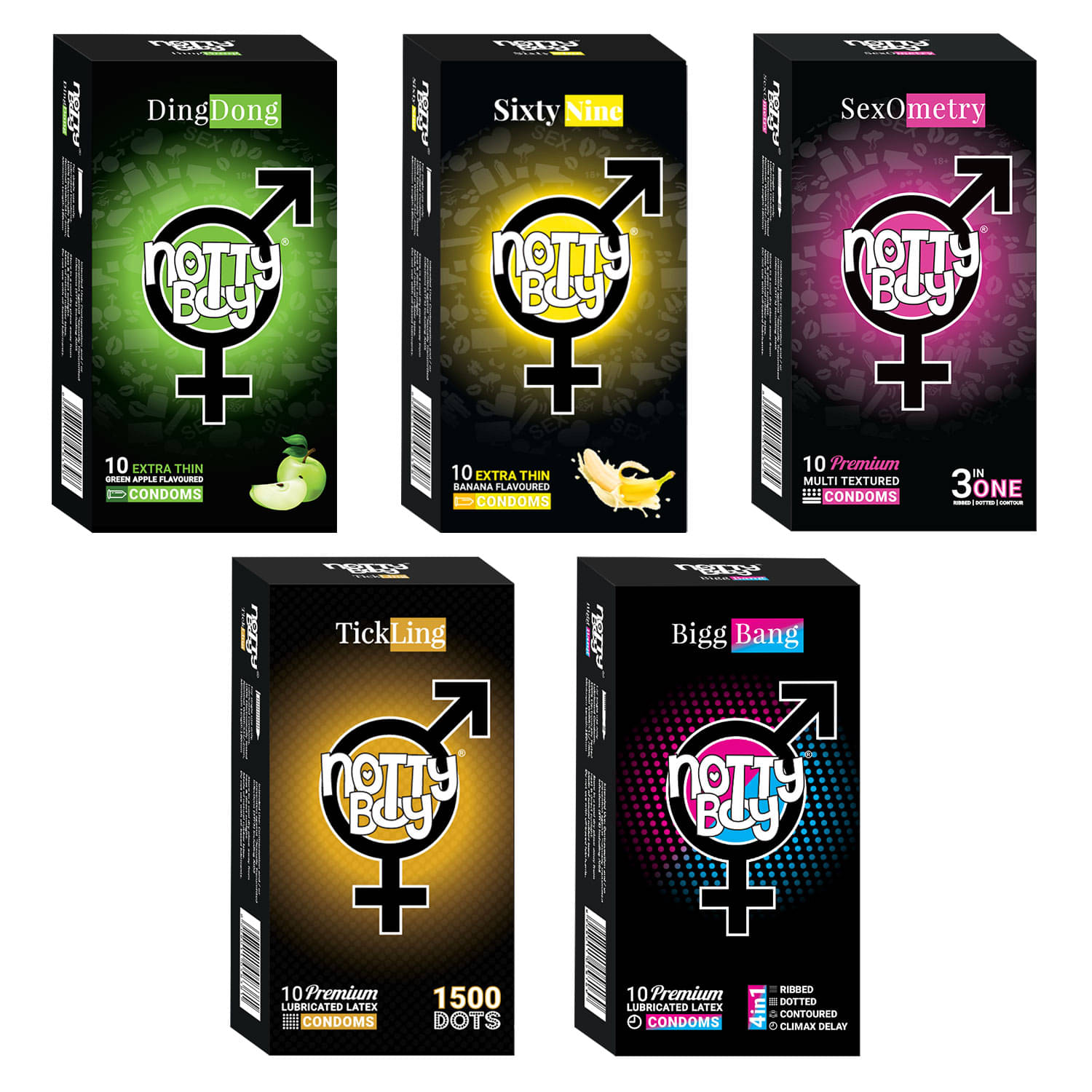 NottyBoy Combo Pack 3 IN 1, Ribbed, 1500 Dots, Contour, Long Lasting, Banana and Fruit Flavour Condoms - 50 Units NottyBoy Combo Pack 3 IN 1, Ribbed, 1500 Dots, Contour, Long Lasting, Banana and Fruit Flavour Condoms - 50 Units