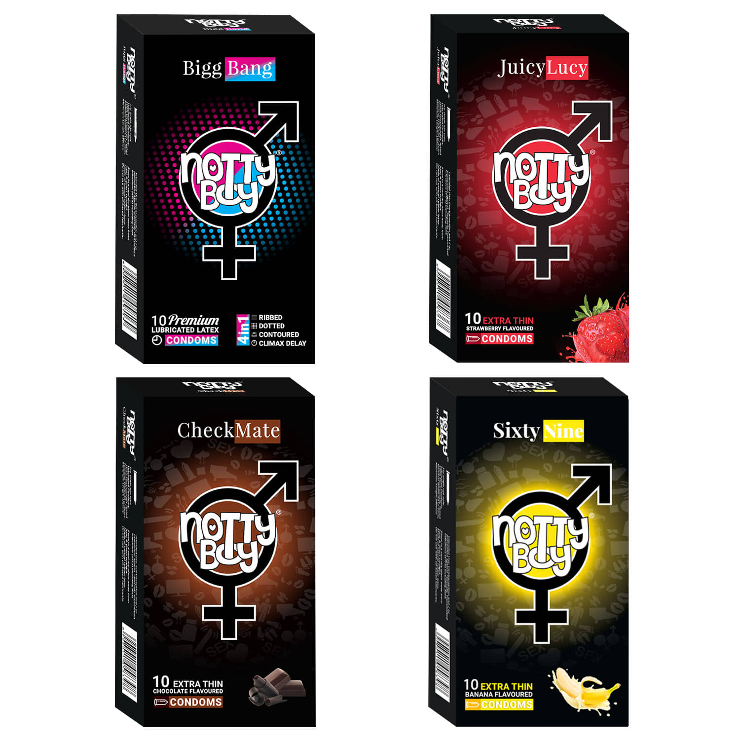 NottyBoy Combo Pack Ribs Dots Contour Extra Delay Strawberry Chocolate and Banana Flavour Condoms - 40 Unit