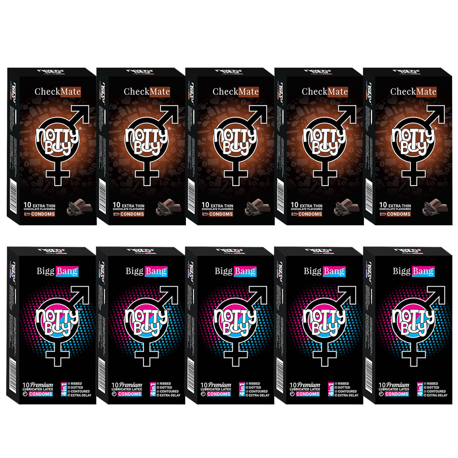 NottyBoy Contoured Ribs Dots Over Time and Chocolate Flavoured Condoms - 100 Units