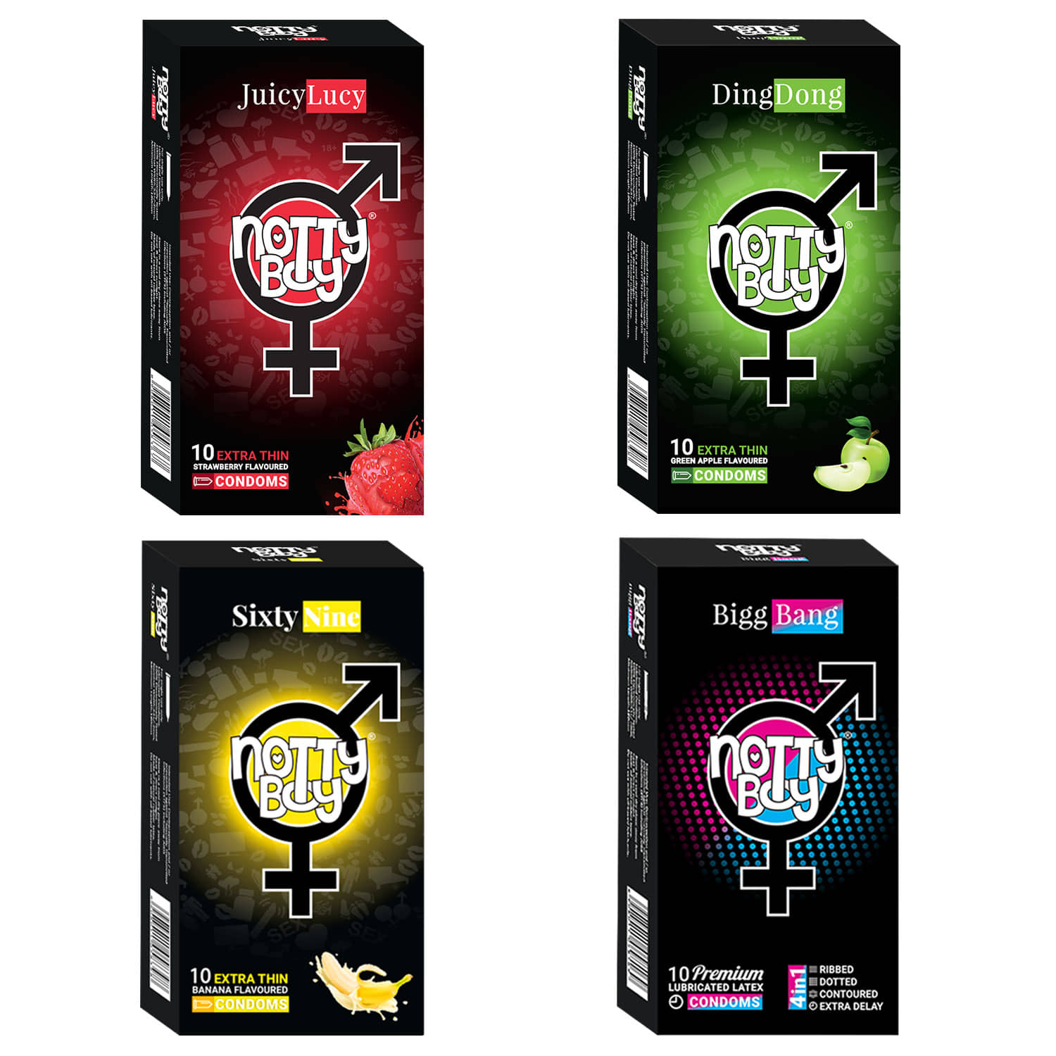 NottyBoy Honeymoon Pack 4-In-1 Ribs Dots Contoured Extra Delay, Banana, Strawberry and Fruit Flavour Condoms - 40 Pcs