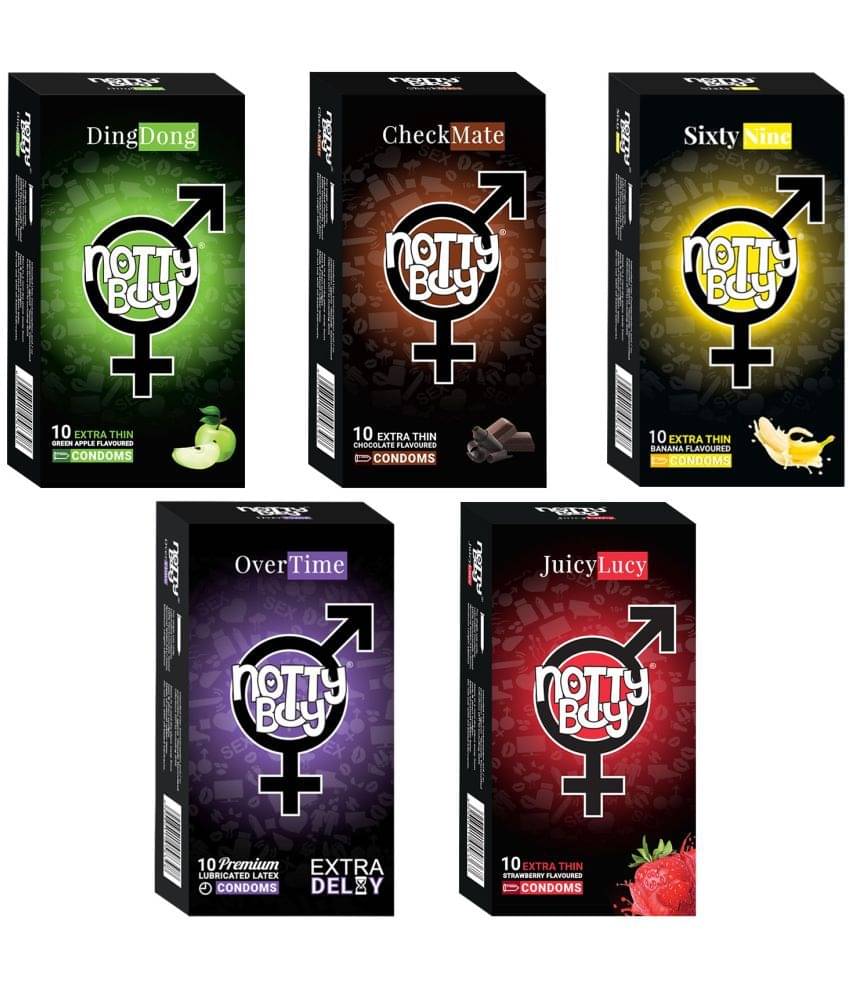 NottyBoy Honeymoon Pack Extra Delay, Strawberry, Chocolate, Banana and Fruit Flavour Condoms - 50 Units NottyBoy Honeymoon Pack Extra Delay, Strawberry, Chocolate, Banana and Fruit Flavour Condoms - 50 Units