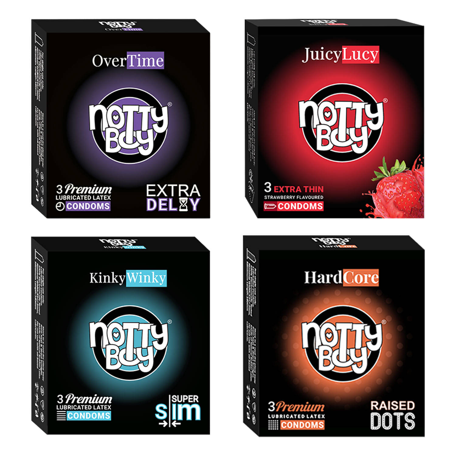 NottyBoy Mixed Combo Raised Dots, Overtime, Extra Thin and Strawberry Condoms - (Set of 4, 12 Pcs) NottyBoy Mixed Combo Raised Dots, Overtime, Extra Thin and Strawberry Condoms - (Set of 4, 12 Pcs)
