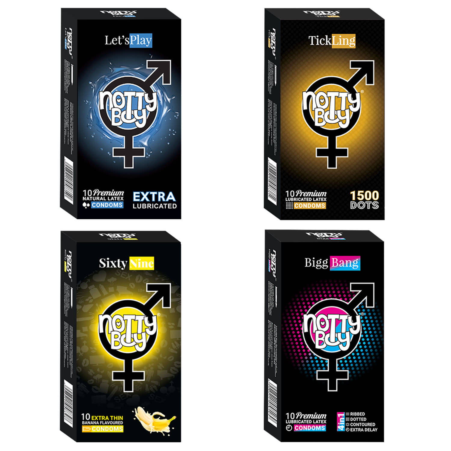 NottyBoy Mixed Pack Ribs Dots Contoured Overtime Extra Dotted Lubricanted and Banana Flavoured Condoms - 40 Unit