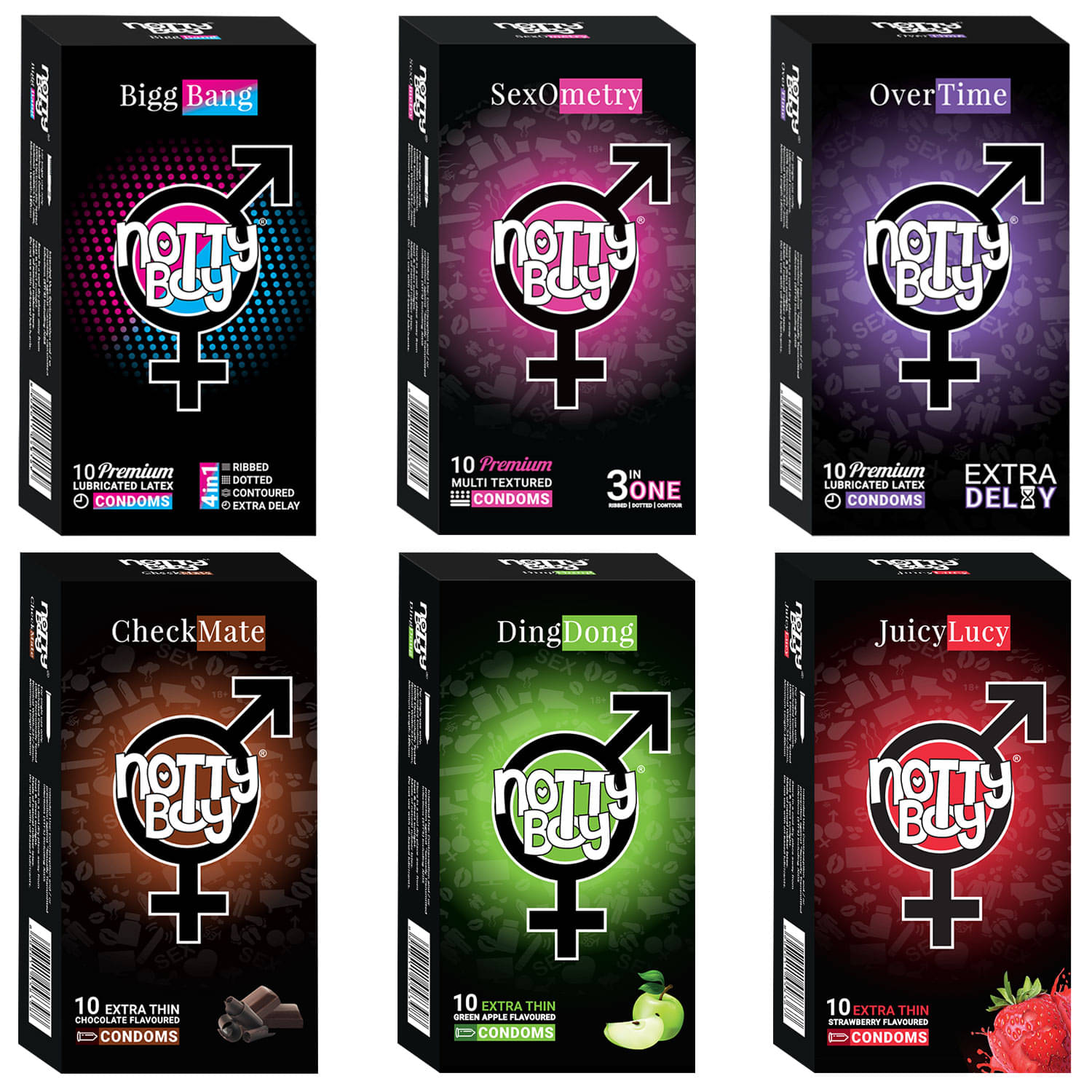 NottyBoy Multi Pack 4 IN 1 & 3 IN 1, Ribbed, Dotted, Contour, Over Time, Prolong Delay, Chocolate, Strawberry and Fruit Flavoured Condoms - 60 Units NottyBoy Multi Pack 4 IN 1 & 3 IN 1, Ribbed, Dotted, Contour, Over Time, Prolong Delay, Chocolate, Strawberry and Fruit Flavoured Condoms - 60 Units