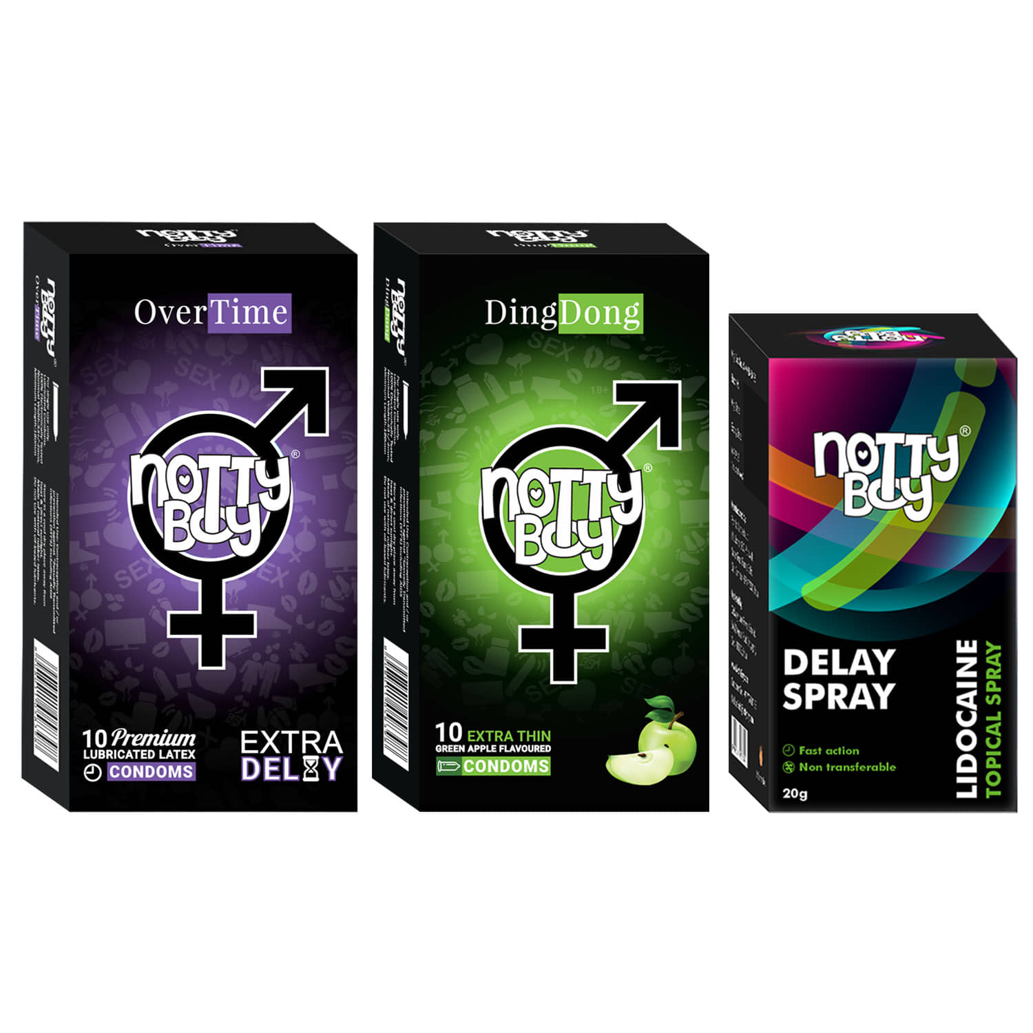 NottyBoy OverTime Non-Transferable Spray 20gm with Climax Delay and Fruit Flavour Condoms (Pack of 2, 20Pcs)