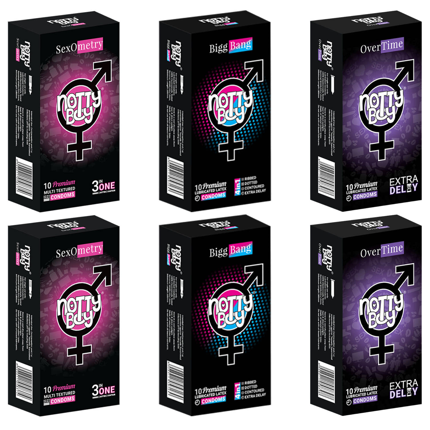 NottyBoy Pleasure Pack 4 IN 1 & 3 IN 1, Ribbed, Dotted, Contour, Extra Delay and Prolong Effect Condoms - 60 Units