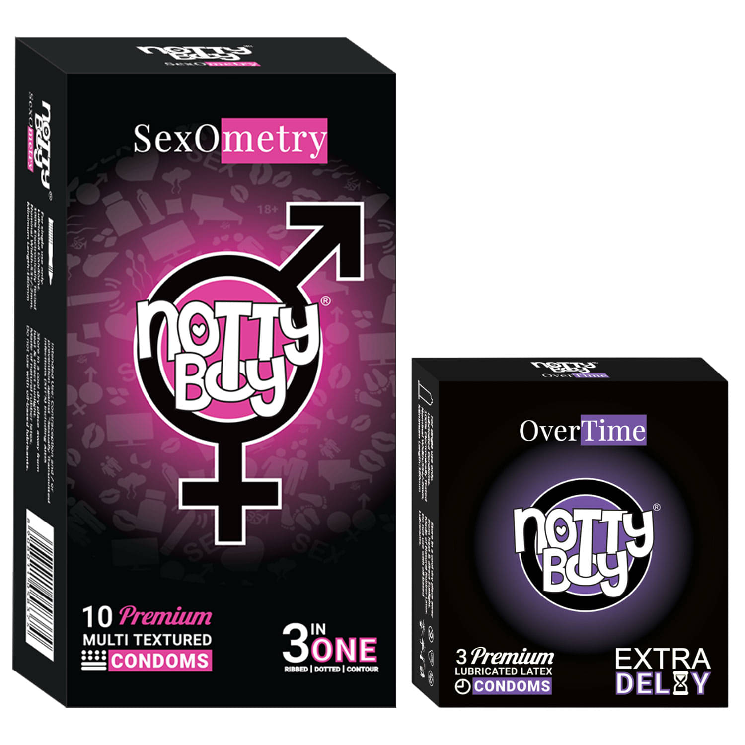     			NottyBoy Ribbed Dotted Contoured and Over Time Condoms - (Set of 2, 13 Pieces)