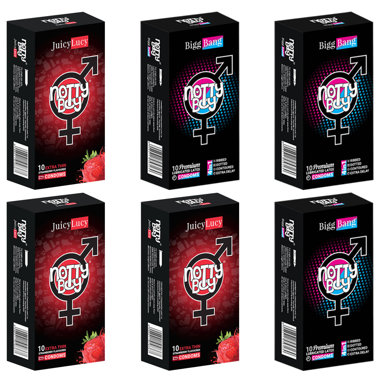 NottyBoy Strawberry Flavour Thin and 4 IN 1, Ribbed,  Dotted, Contour, Extra Time Condoms - 60 Units