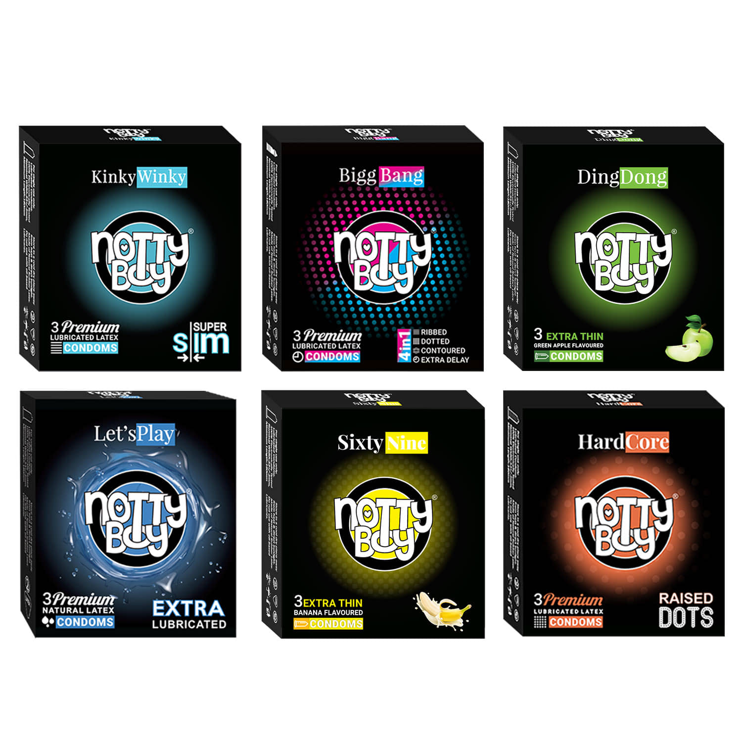 NottyBoy Super Saver Combo Pack Banana Flavour, Ultra Thin, 4-IN-1, Big Dots, Ribbed, Long Time, Contoured, Extra Lubricated Smooth Condoms- 18 Units