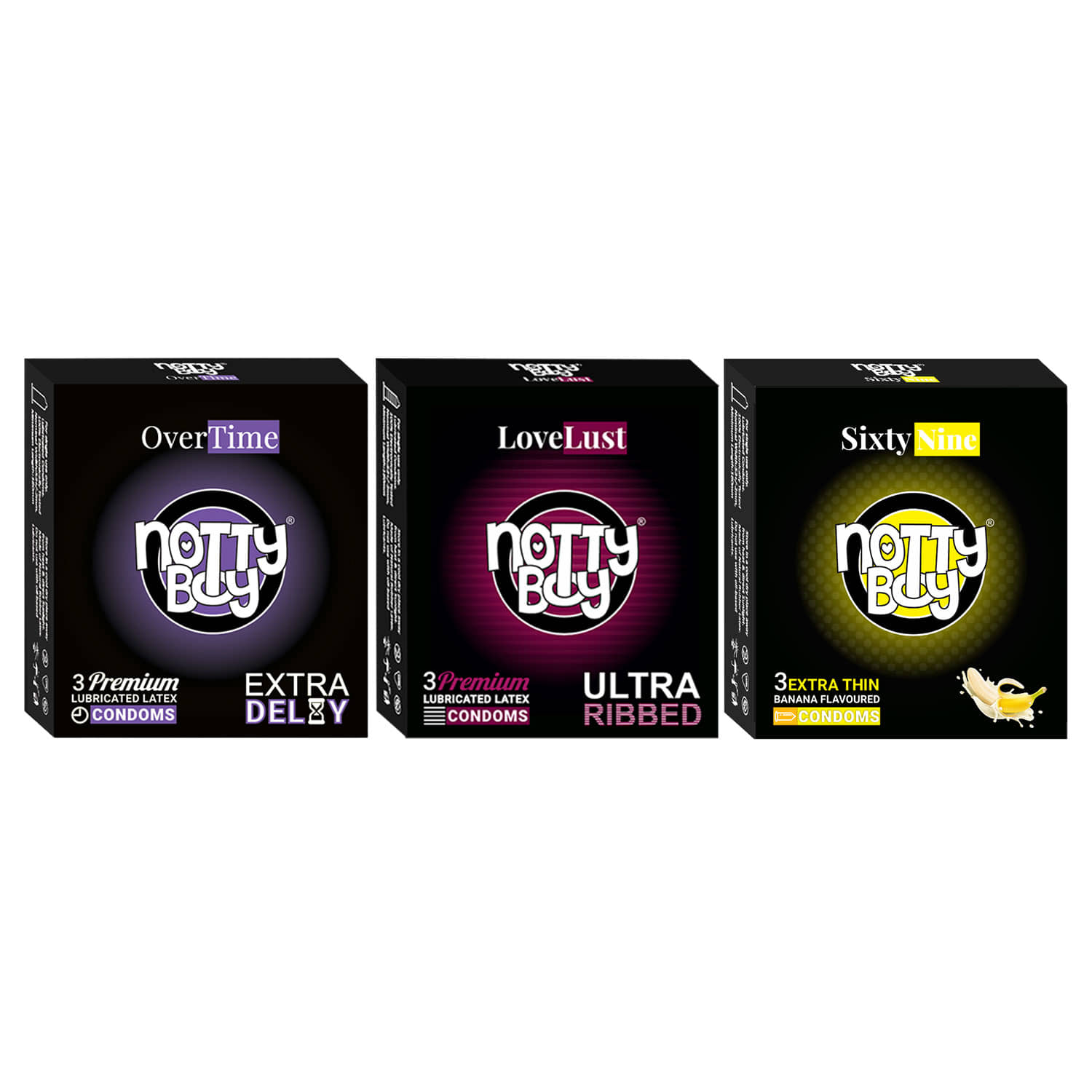 NottyBoy Ultra Ribbed, Extra Delay and Ultra Thin Banana Flavoured Condoms - ( Set of 3, 9 Sheets)