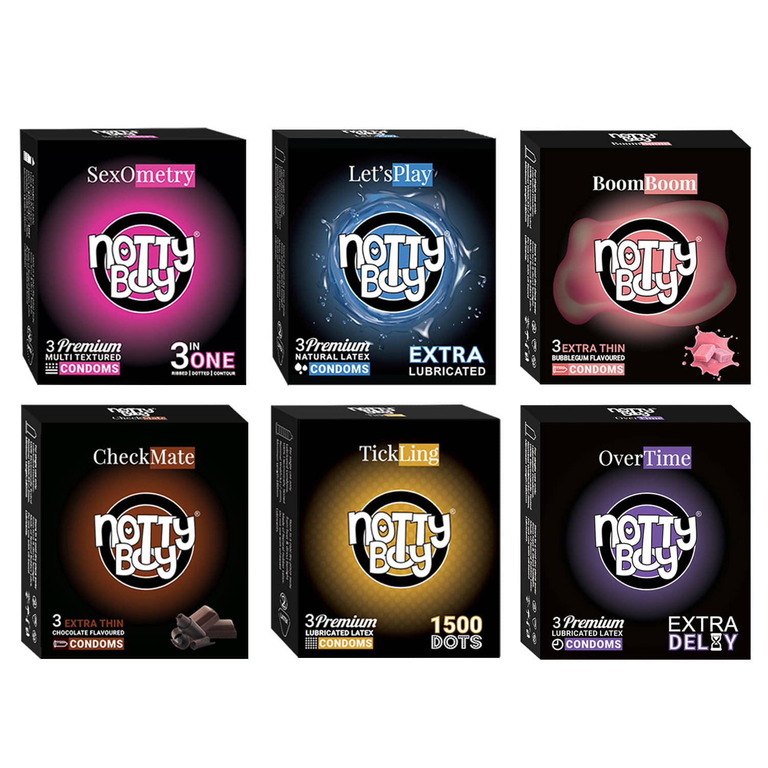     			NottyBoy Value Combo Pack Chocolate & Bubblegum Flavour, Ultra Thin, 3IN1, 1500 Dots, Ribbed, Extra Time, Contoured, More Lubricated Smooth Condoms- 18 Units