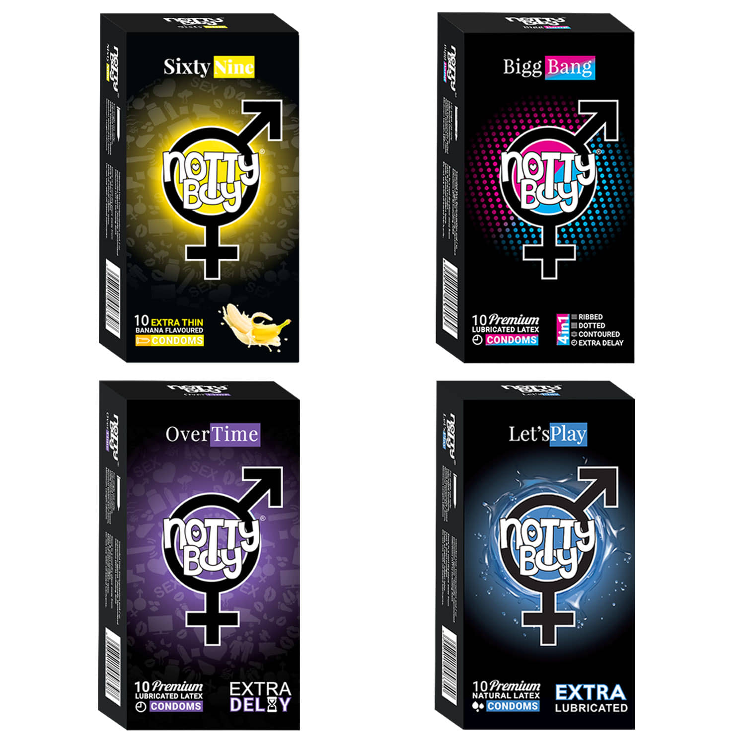 NottyBoy Variety Pack Ribs Dots Contoured And Banana and Extra Lubricated Condoms - 40 Count