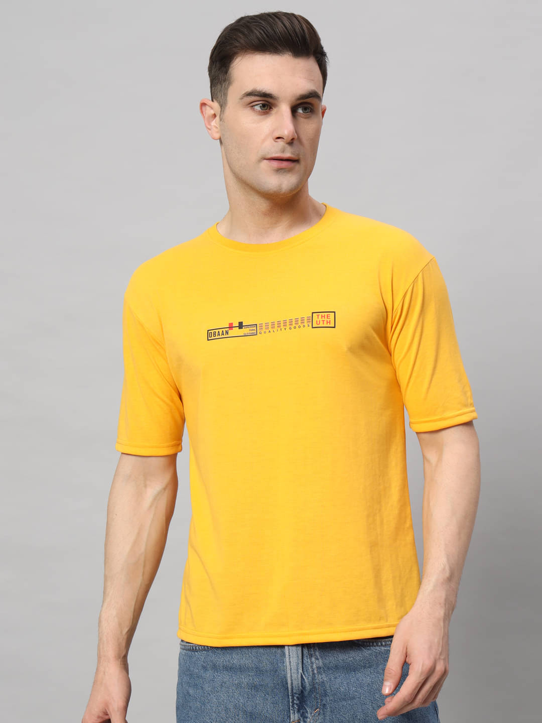 OBAAN Pack of 1 Cotton Blend Regular Fit Men's T-Shirt ( Yellow )     			OBAAN Pack of 1 Cotton Blend Regular Fit Men's T-Shirt ( Yellow )