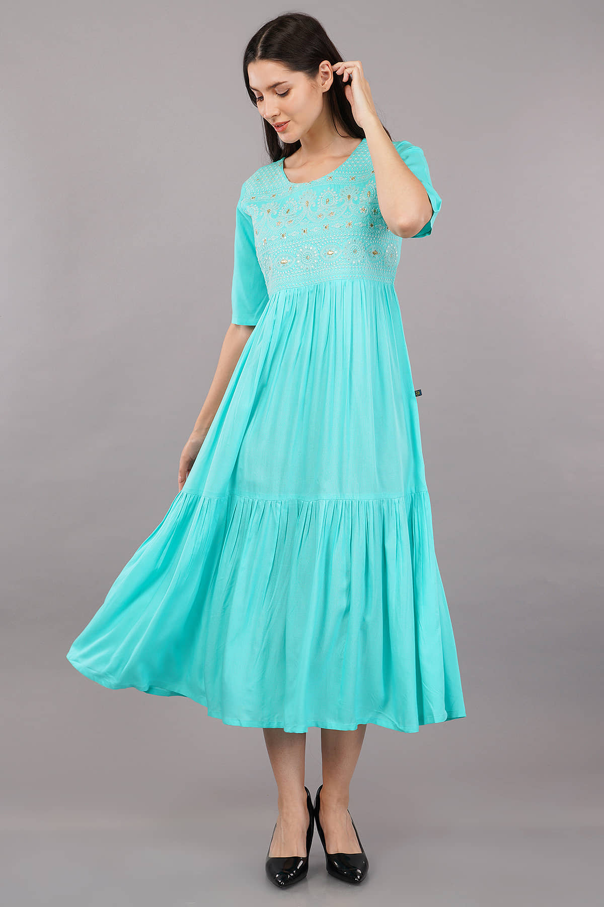 Shruthi Viscose Embroidered A-line Women's Kurti - Sea Green ( Pack of 1 ) - Kurtis, Tunics | Buy online on ZillyBuy