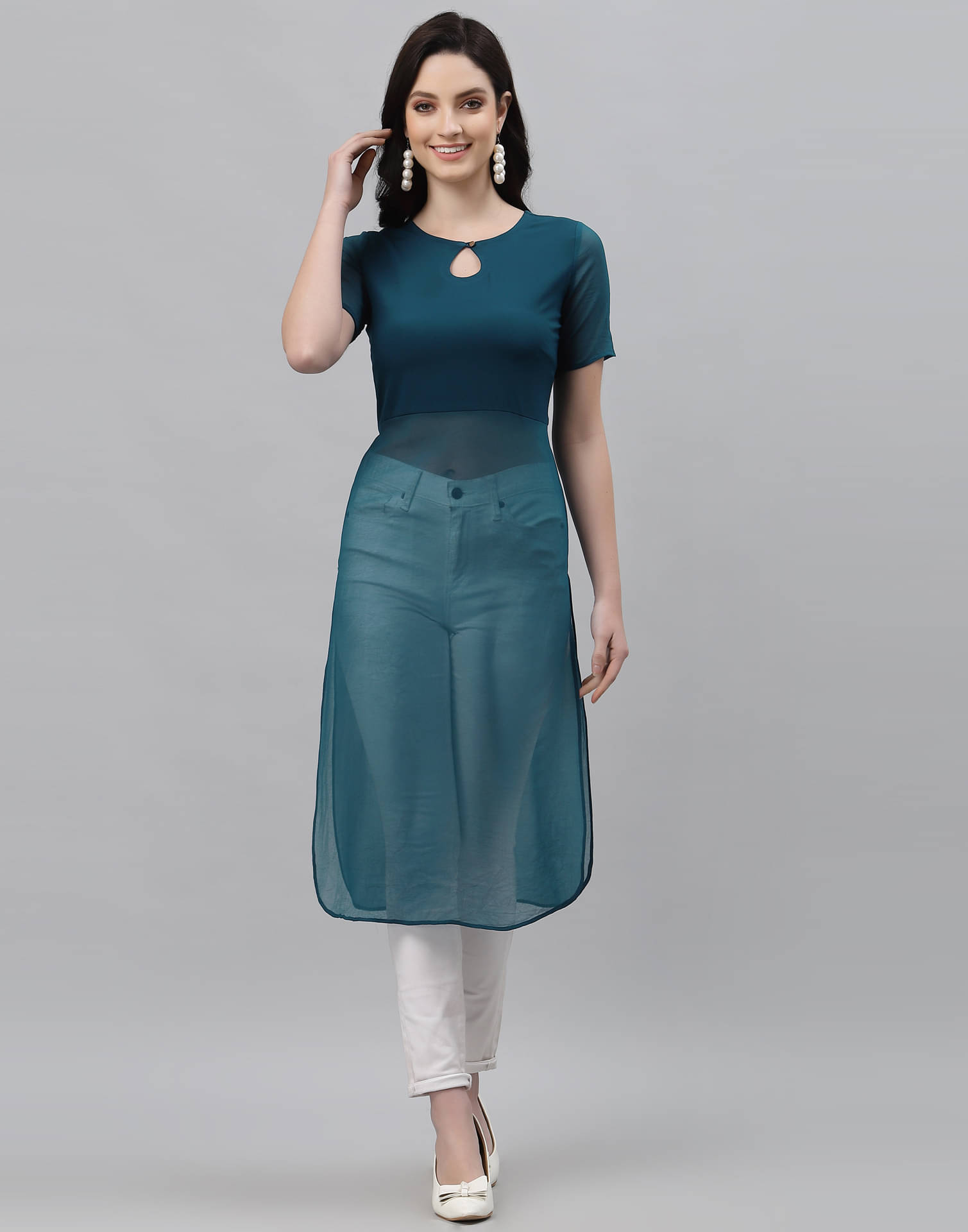 Skylee Georgette Solid Straight Women's Kurti - Teal ( Pack of 1 ) Skylee Georgette Solid Straight Women's Kurti - Teal ( Pack of 1 )