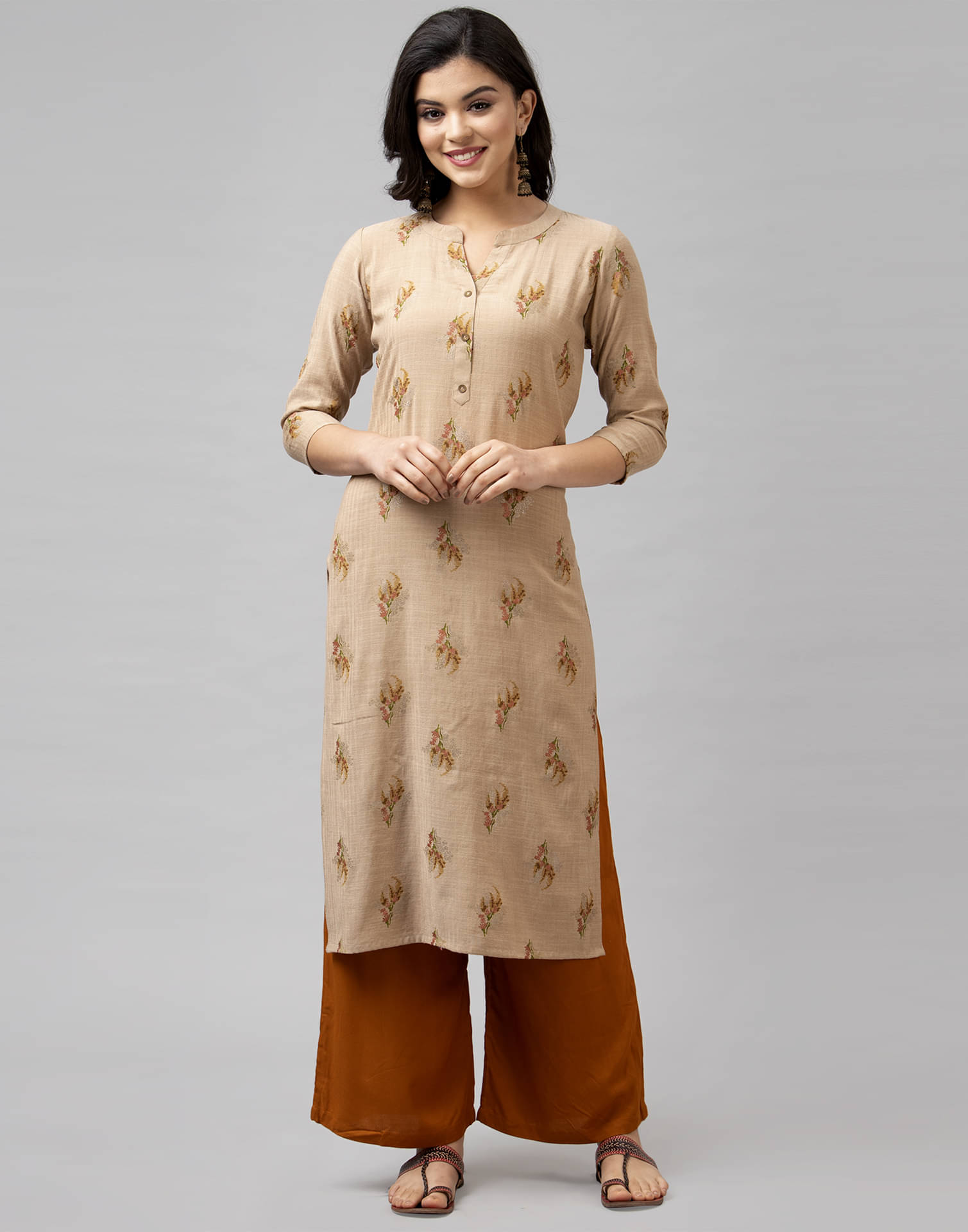     			Skylee Rayon Printed Straight Women's Kurti - Beige ( Pack of 1 )