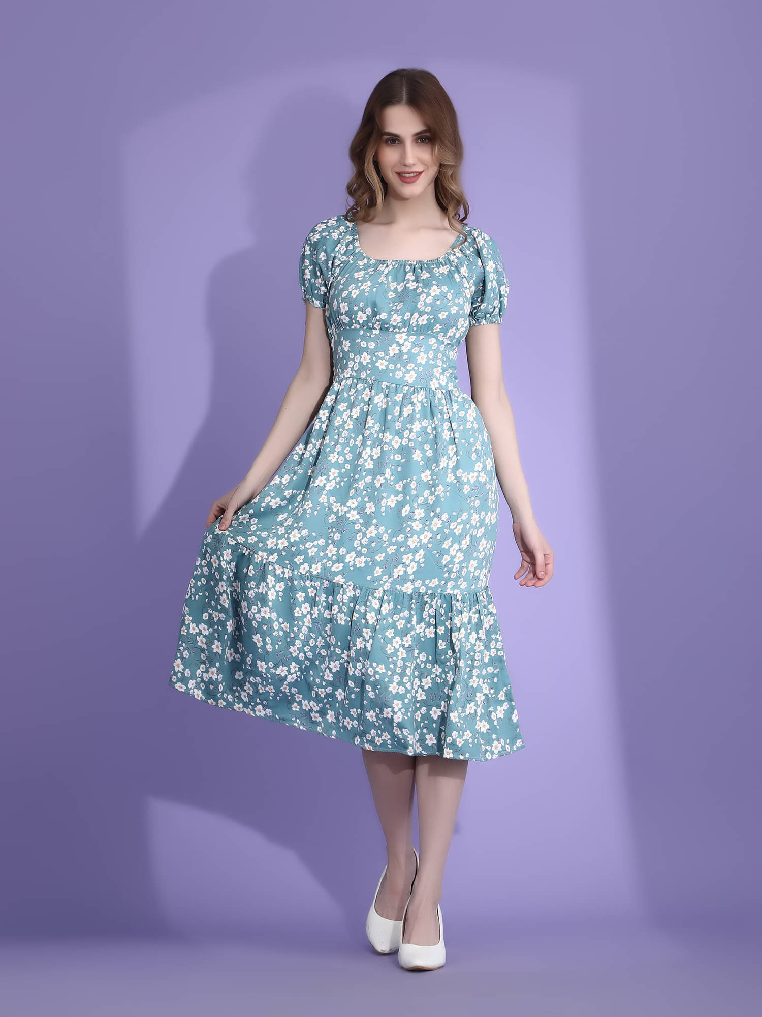     			qrosh Women Cotton Printed Fit & Flare Dress ( Light Blue )