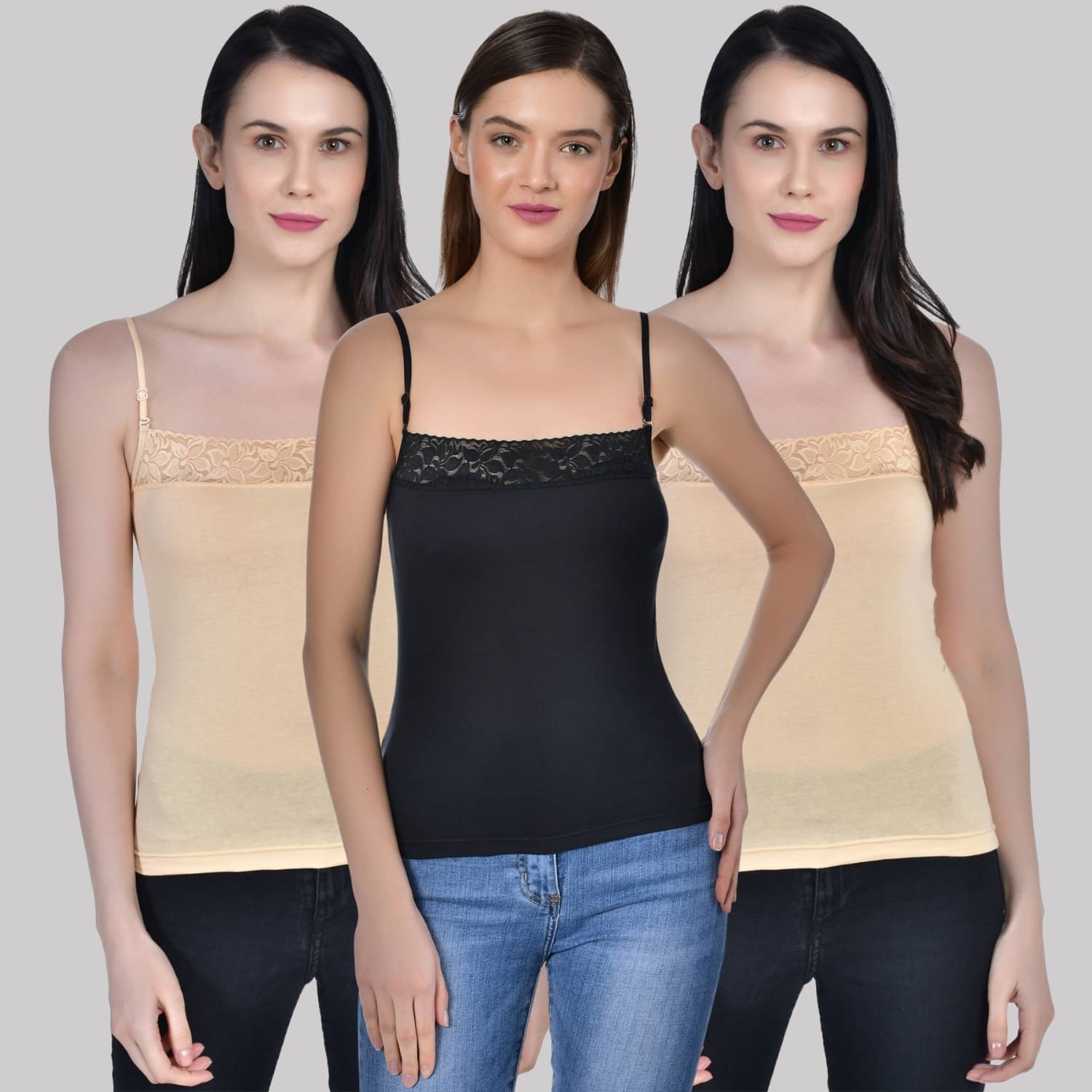     			AIMLY Adjustable Strap  Cotton Slip - Beige Pack of 3
